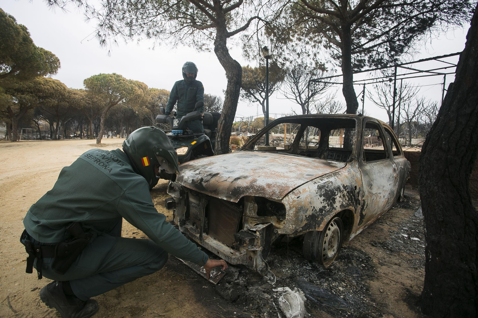 1. Los guardias revisan un vehículo calcinado en el camping Doñana.  2. Observan cómo las llamas alcanzaron la playa en el Asperillo. 3. Acceso en quad al litoral del parque natural. 4. Un agente observa el estado de la playa en Torre del Loro. 5. Clemente y Joaquín revisan las placas solares del camping,