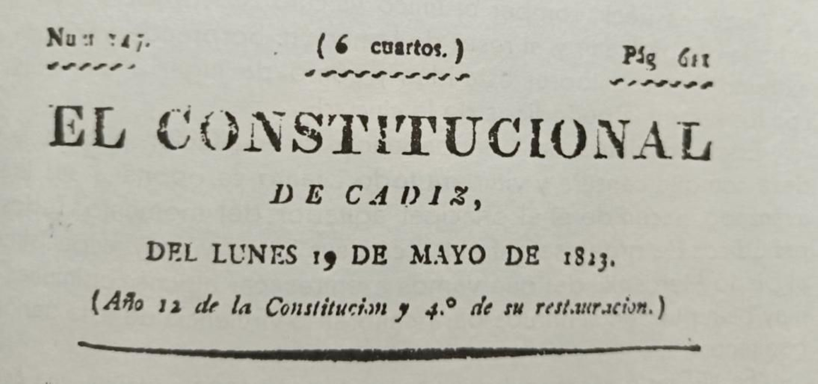 Encabezamiento de ‘El Constitucional de Cádiz’ del 19 de mayo de 1823.