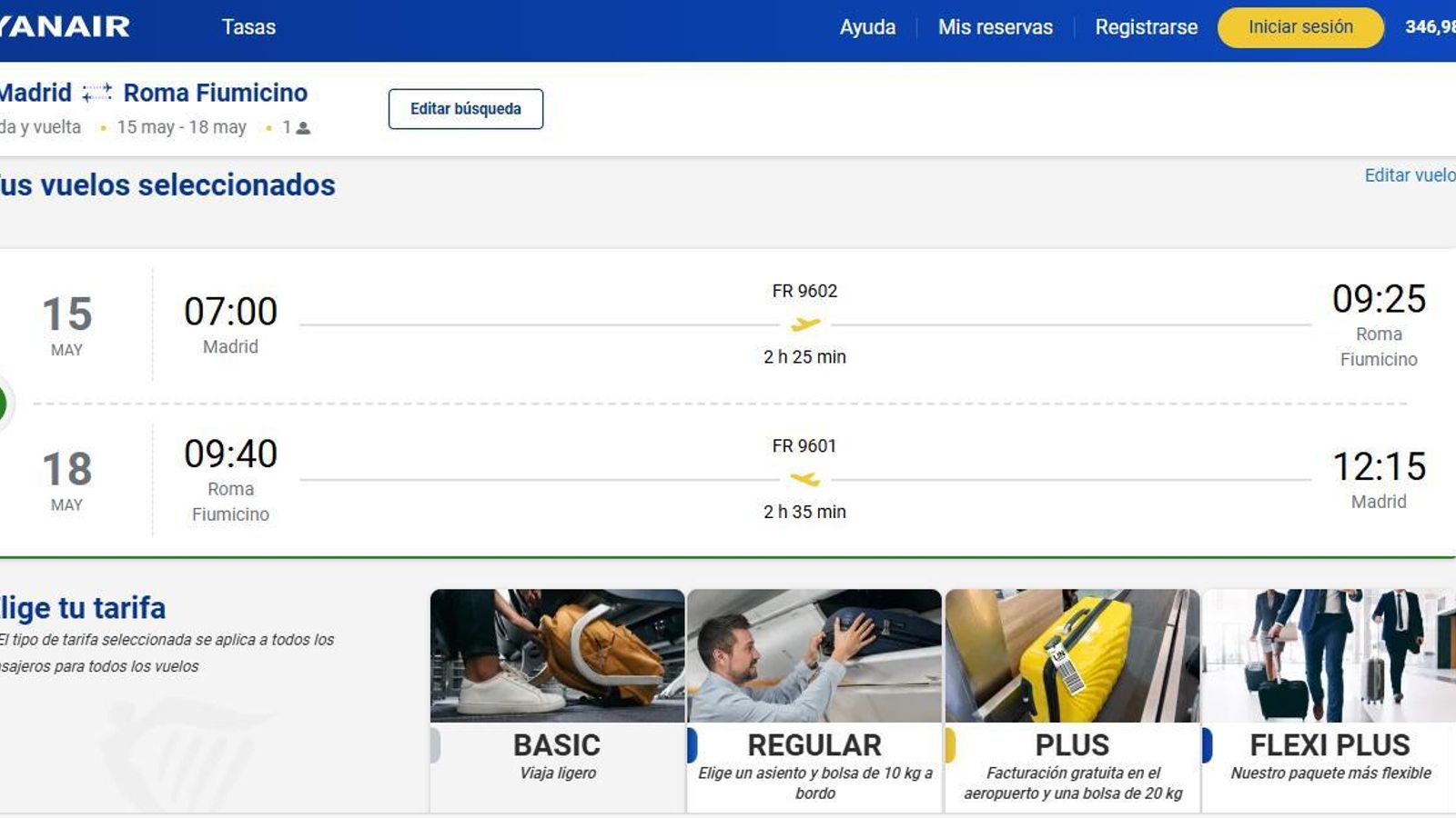 Precio del vuelo de Madrid a Roma, ida y vuelta, con Ryanair