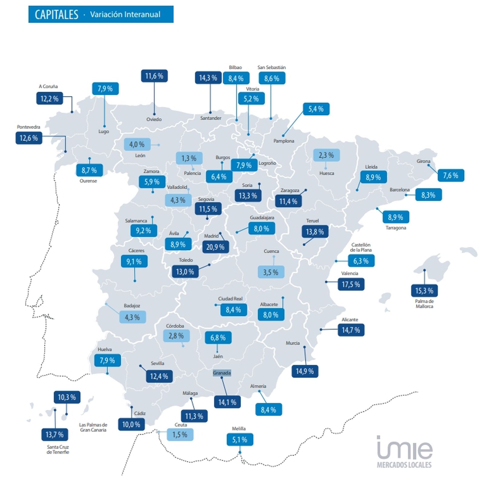Incremento del precio de la vivienda en las capitales de provincia de España en el último año