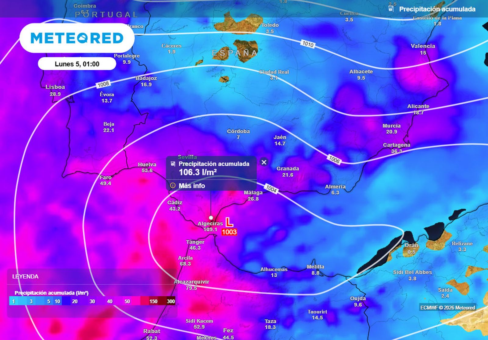 Precipitación acumulada prevista para la madrugada del lunes 5 de enero.