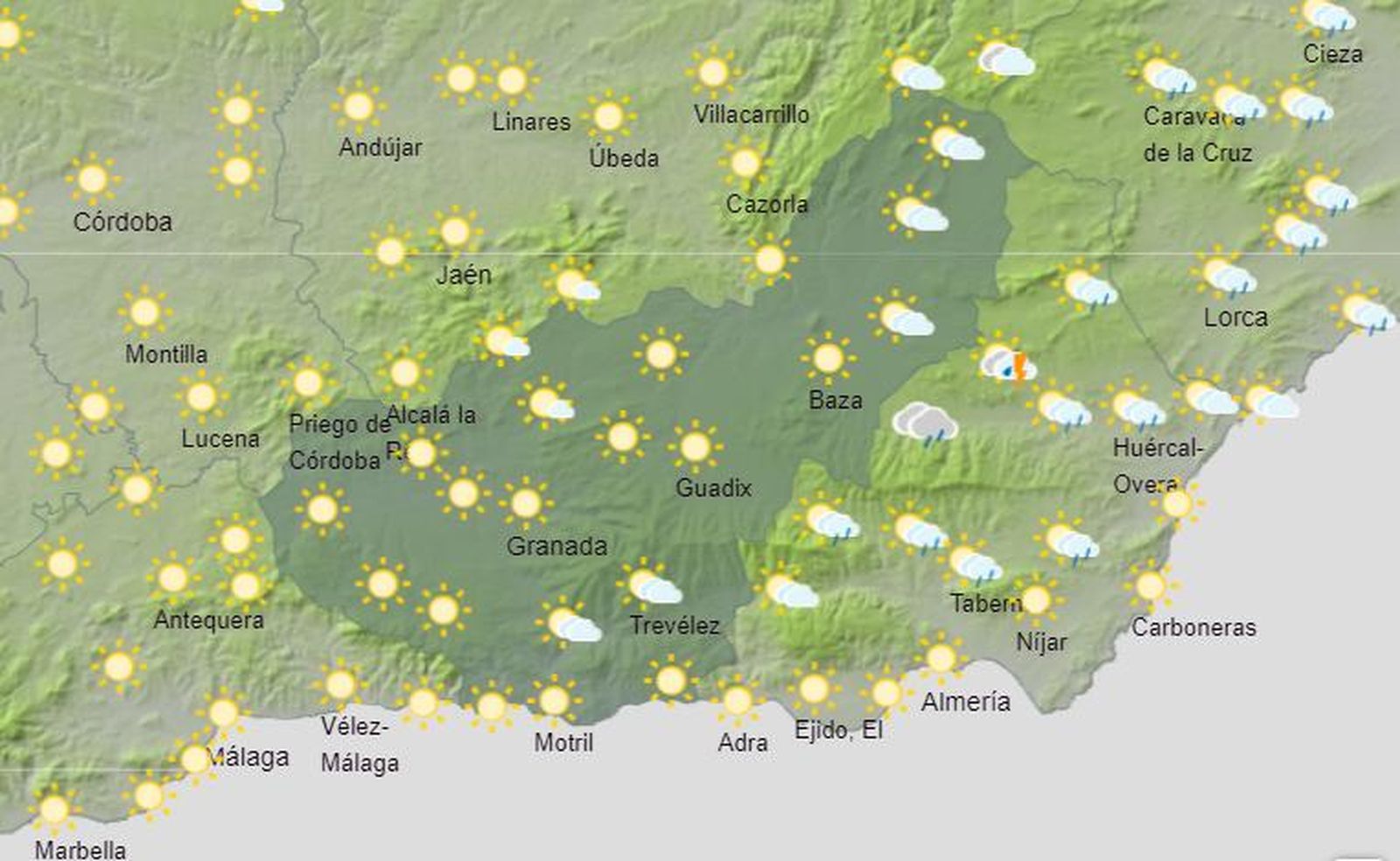 Mapa de previsión de AEMET para el lunes 2 de mayo en Granada