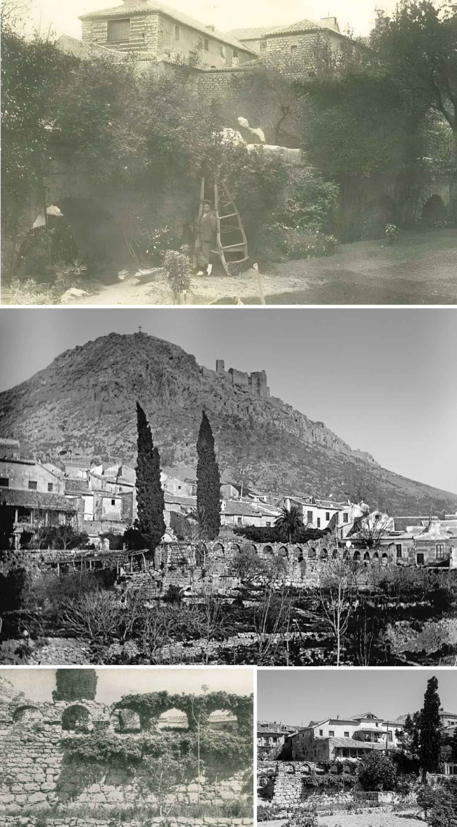Arriba: Única imagen conservada del acueducto romano del Caño del Agua (o de La Magdalena). Abajo: El Acueducto del Carmen con sus 16 arcadas, fotografiado antes de que se demoliera en 1976 para construir la Avenida de los Escuderos.