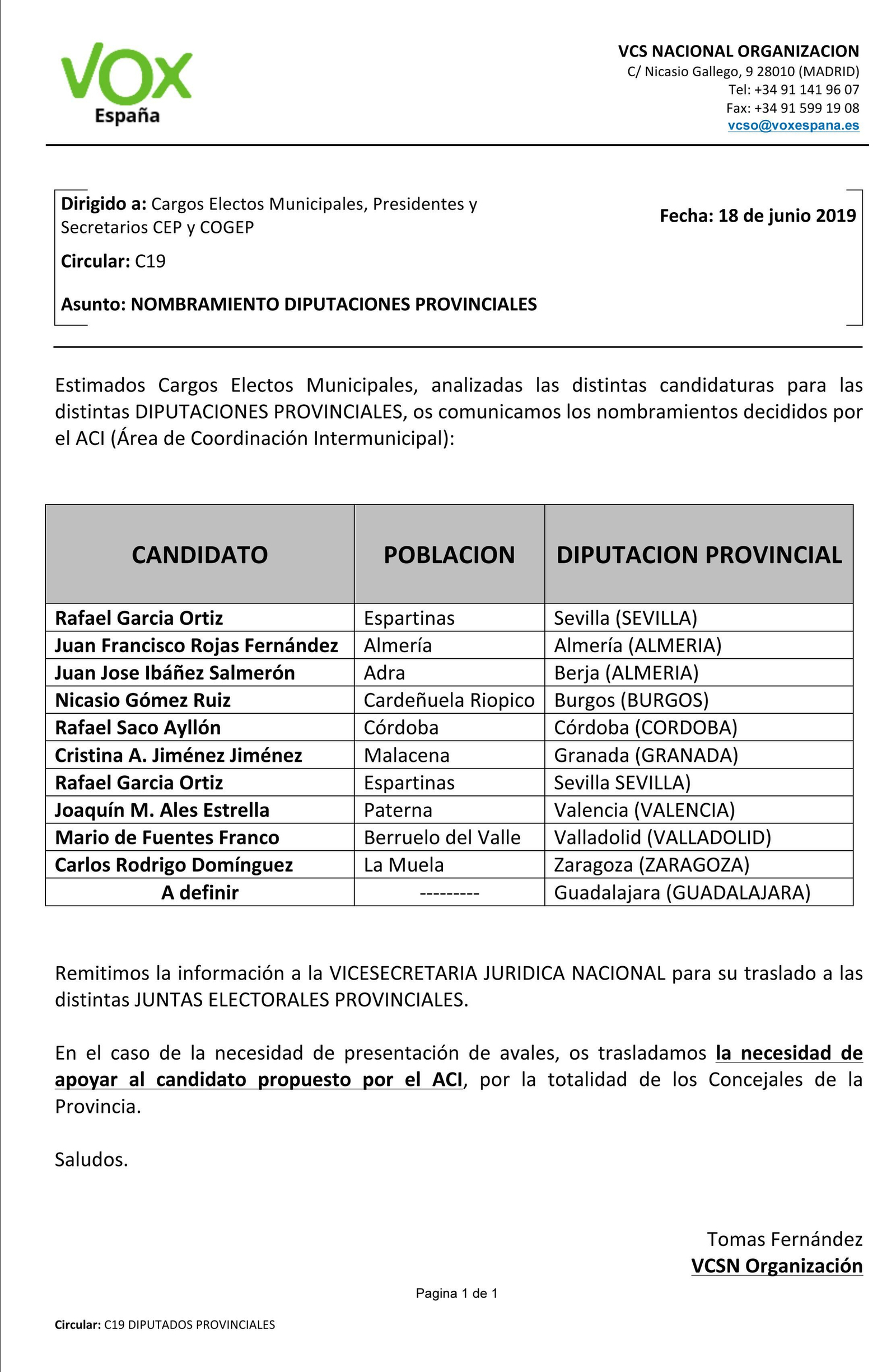 Circular remitida por Vox en la que designaba a Juan José Ibáñez como diputado provincial.
