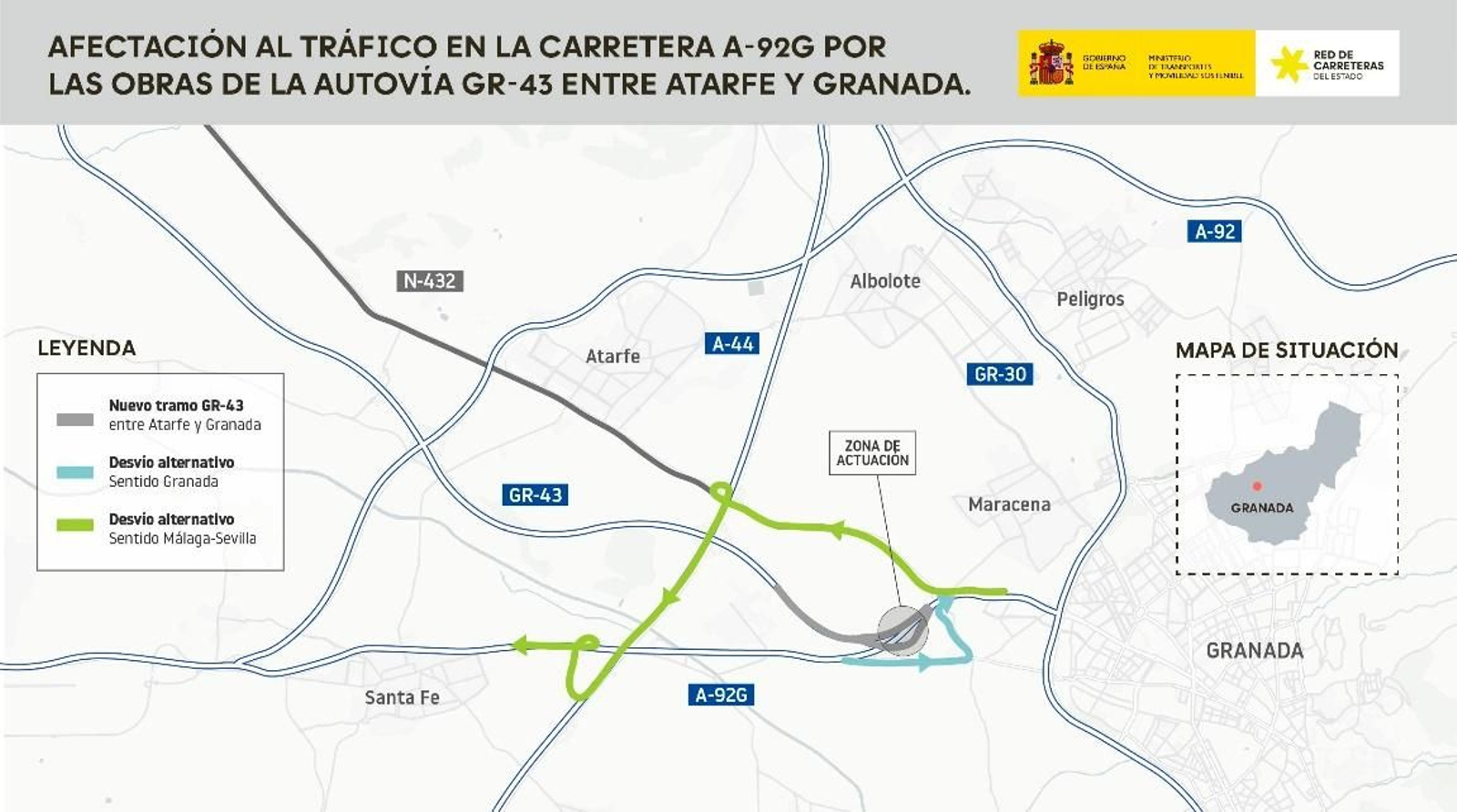 Croquis con los desvíos alternativos a la A-92 por las obras del viaducto de Bobadilla
