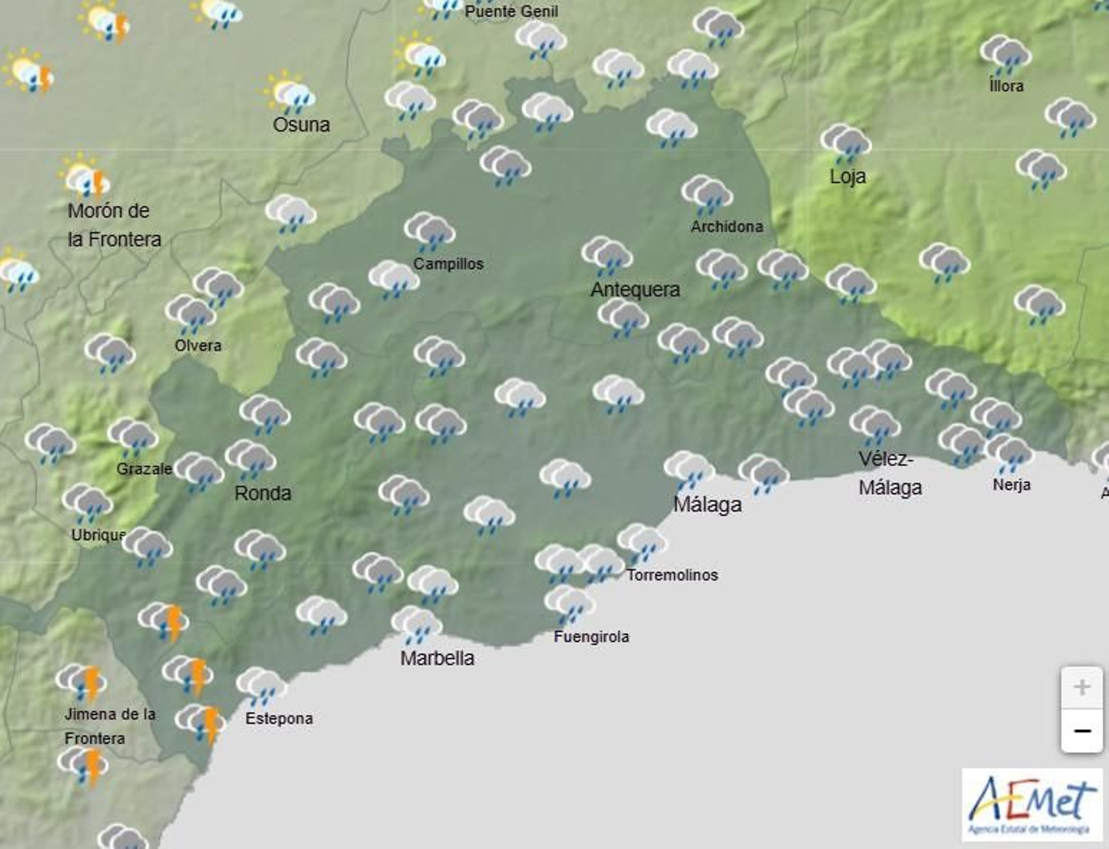 Mapa de las lluvias en Málaga para el lunes 27