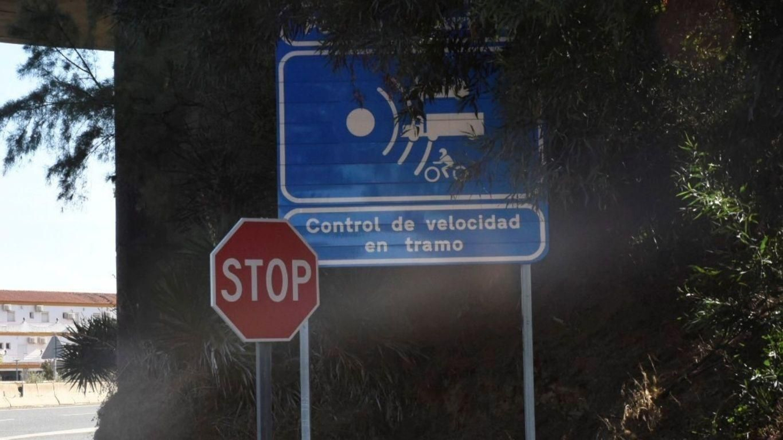La señalización del control de velocidad en tramo, oculta bajo la maleza entre el polígono de Guadarranque y San Roque.