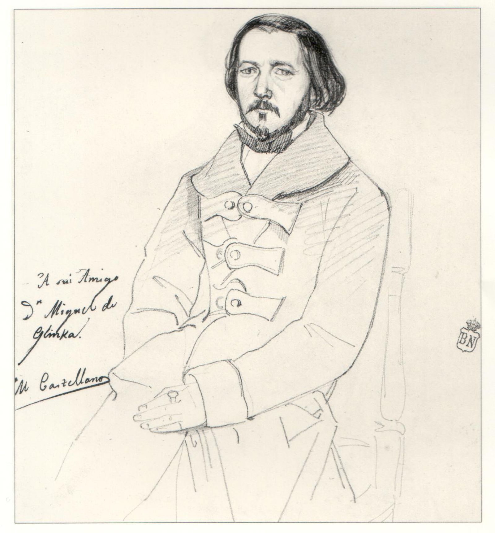 Manuel Castellano: Retrato de Glinka, dibujo a lápiz, noviembre 1845. Biblioteca Nacional de España.