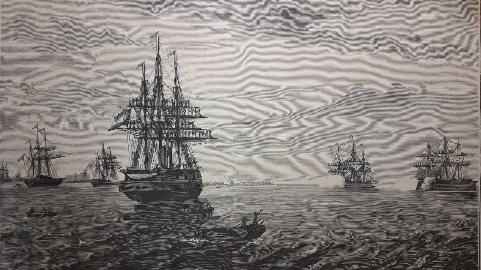 Grabado que muestra la escuadra española con la “Zaragoza” de Prim iniciando la Revolución Gloriosa de septiembre de 1868 en la bahía de Cádiz