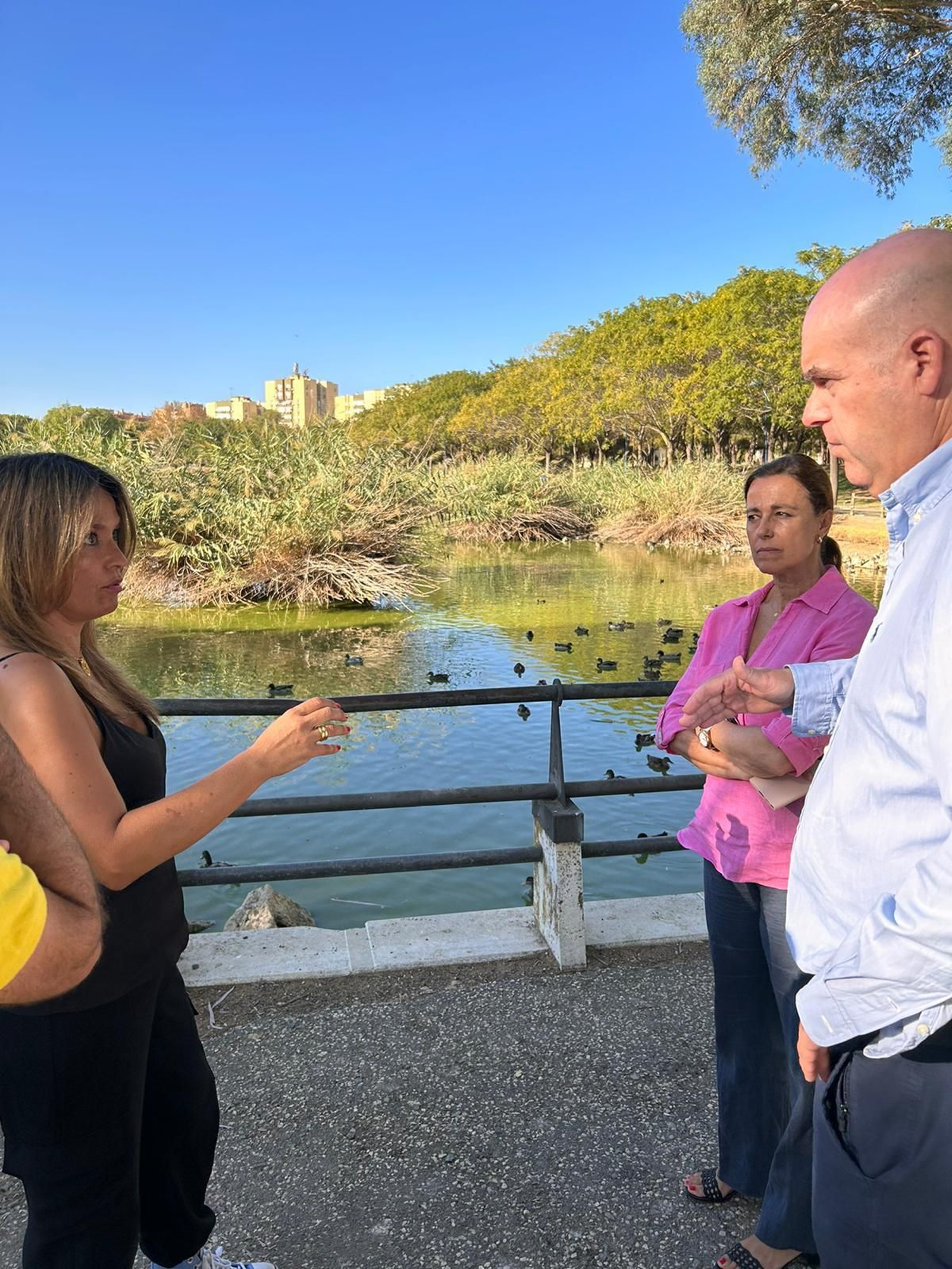 La delegada Evelia Rincón en su visita al Parque Miraflores, este jueves, junto a los técnicos de Parques y Jardines.