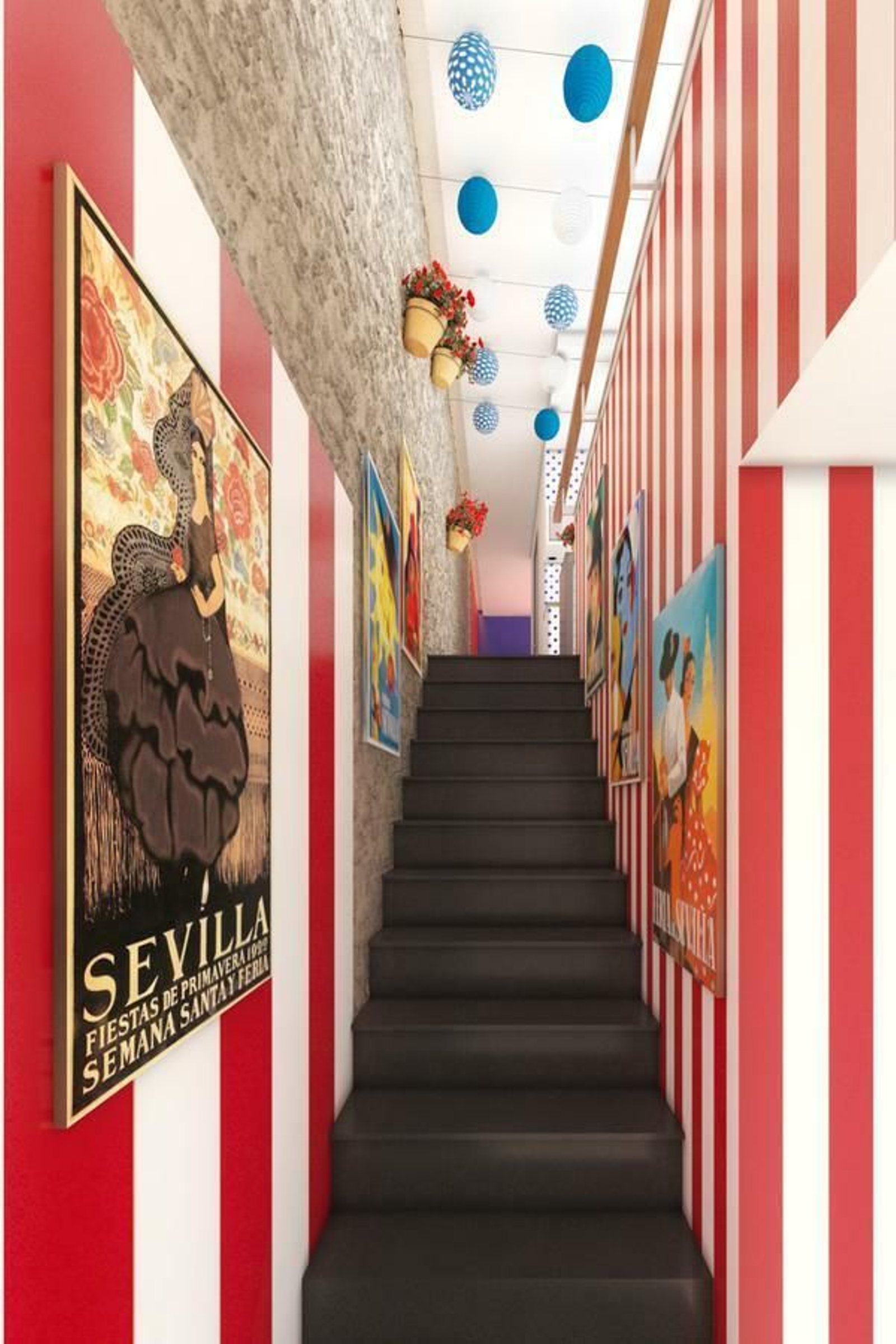 Pasillo decorado con carteles de las Fiestas de Primavera.