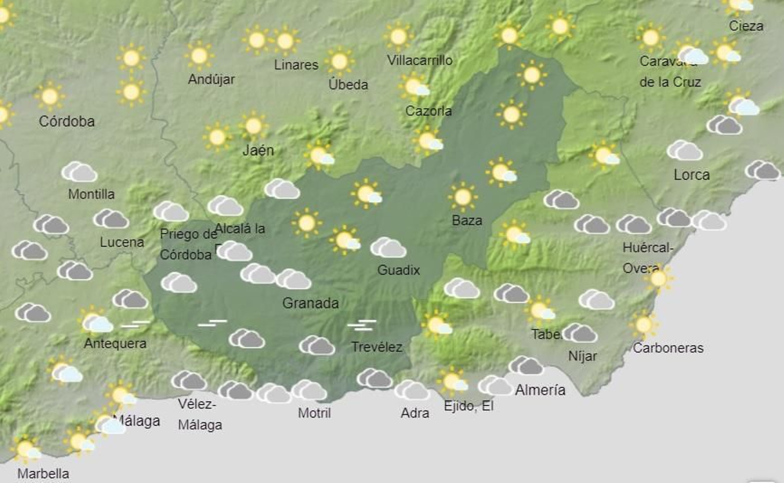 Mapa de previsión del tiempo para este domingo en Granada