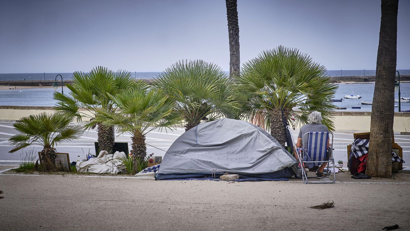 El mini palmeral urbano del Paseo Antonio Burgos, con privilegiadas vistas a La Caleta, le ha servido a este hombre para montar su tenderete y su tienda.