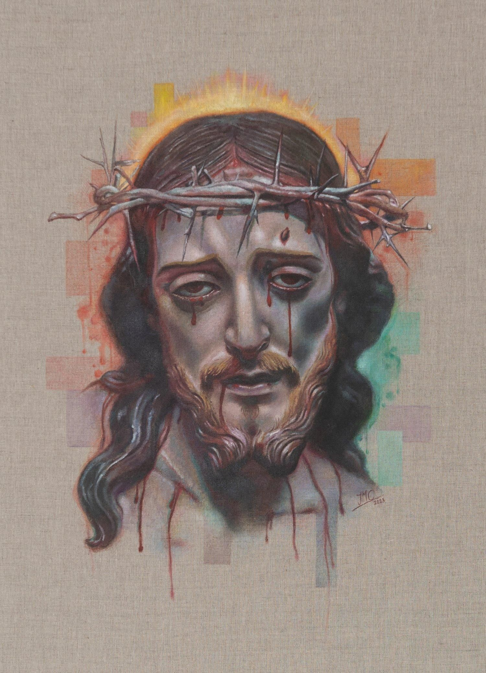 Está pintado al óleo con lápices de colores