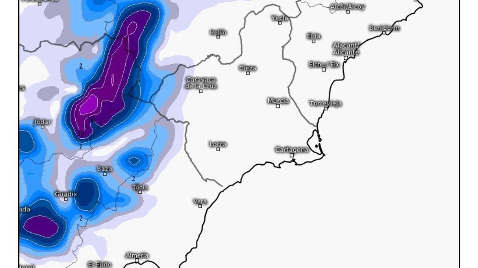 Nevadas previstas en el sureste de España para el miércoles.