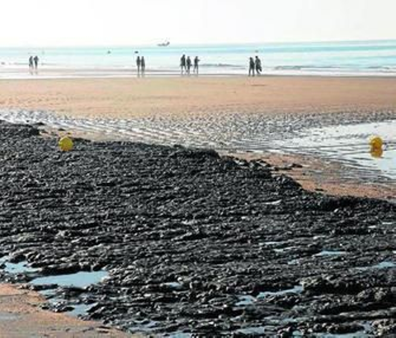 Capa de lodo viscoso y negro que estos días incomoda a los bañistas de la playa de Islantilla.