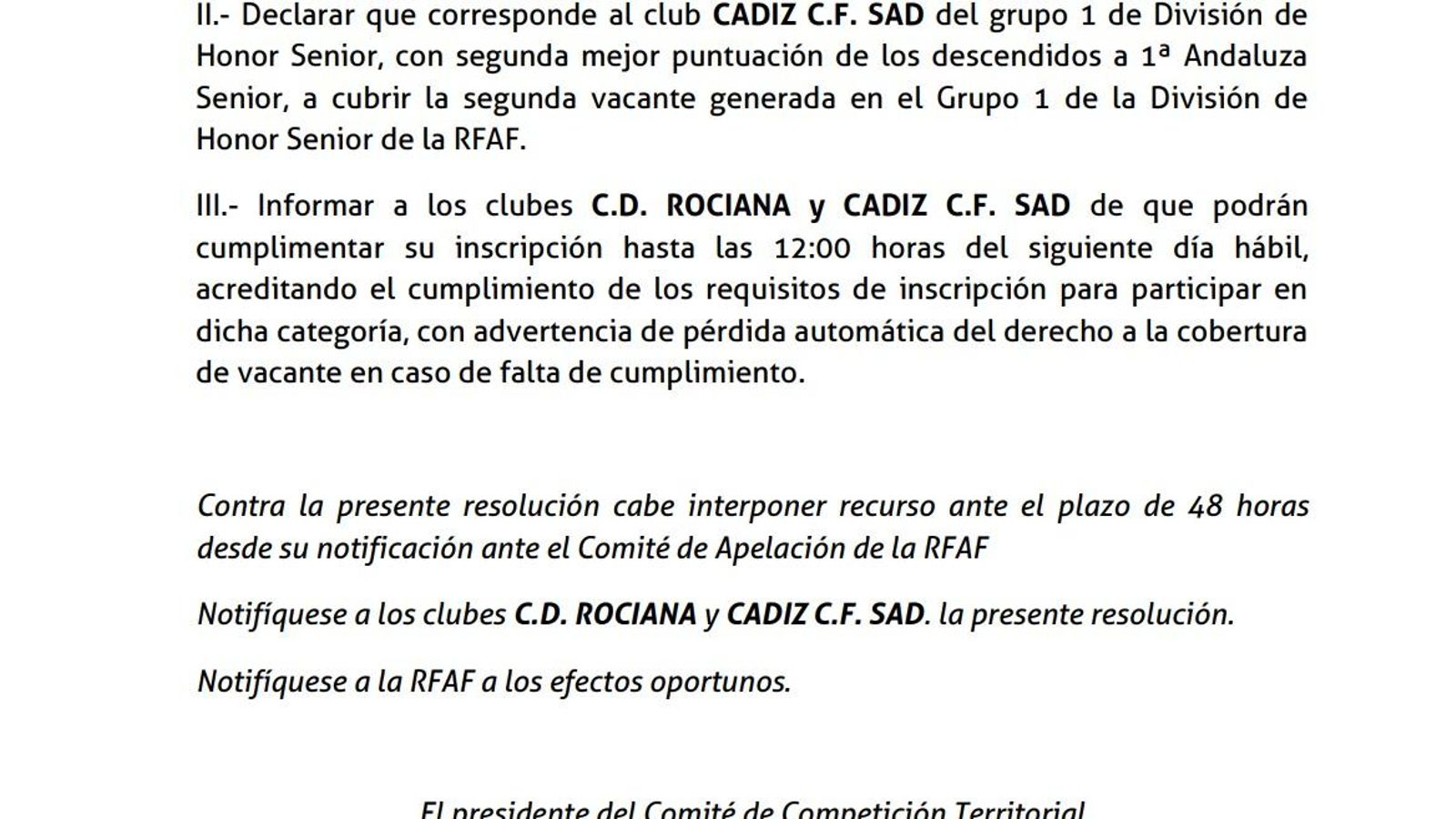 Resolución de la Andaluza que confirma la repesca de la Rociana y el Cádiz C Balón, descendidos en un principio por arrastre.