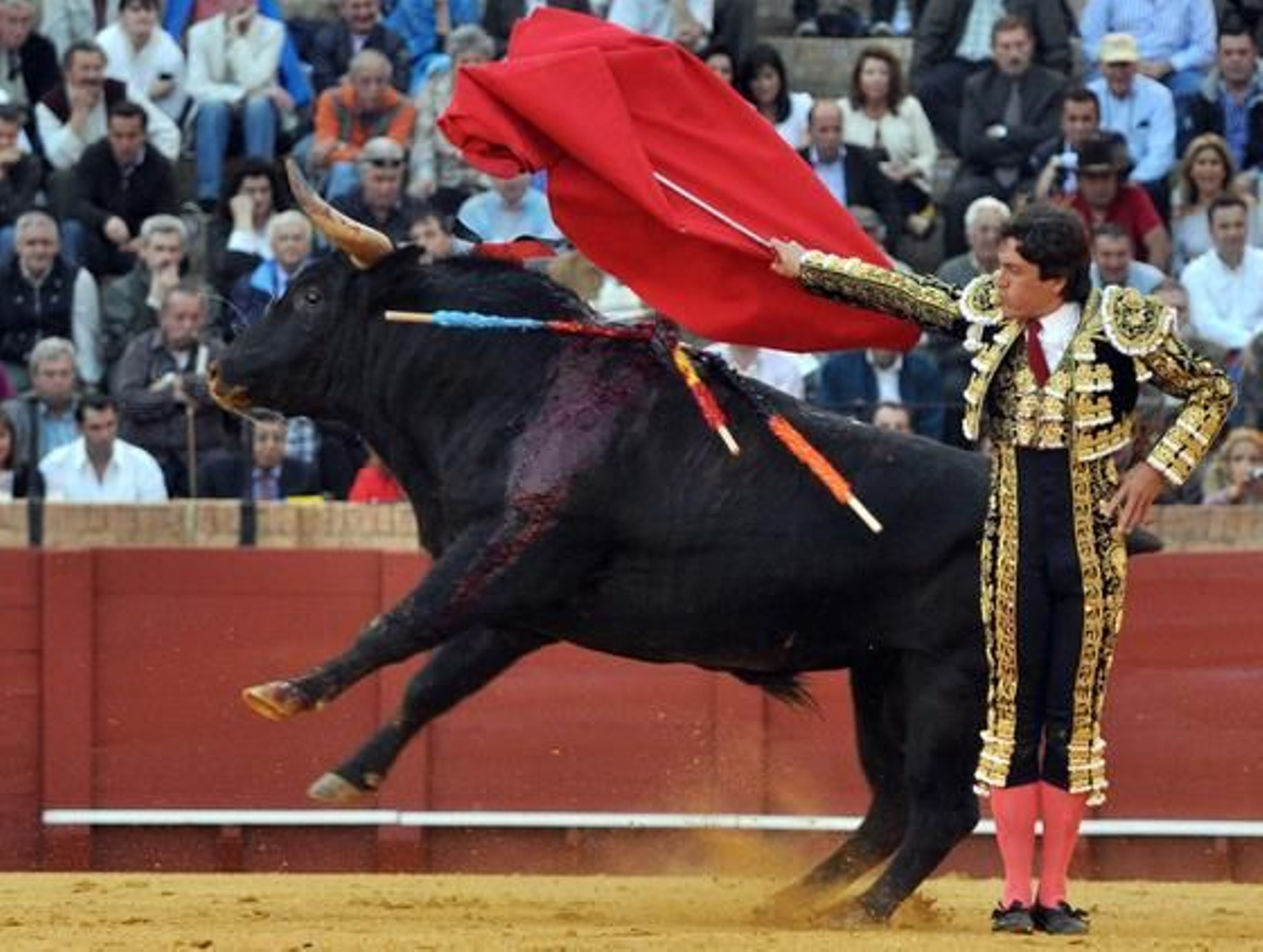 Muletazo de Barrera en el cuarto de la tarde.

Foto: Manuel Gómez