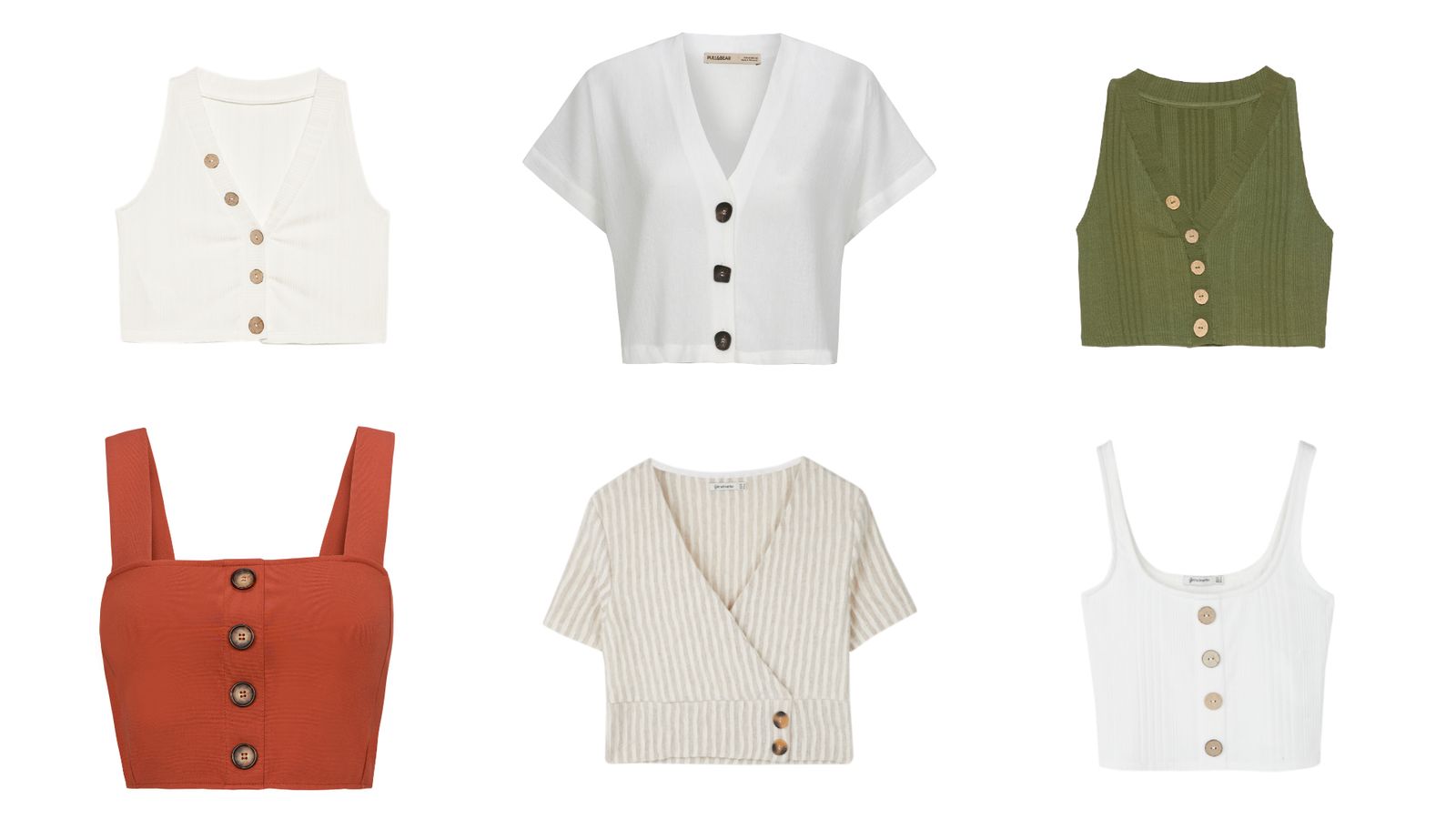 De izquierda a derecha: Stradivarius, Pull & Bear, Stradivarius (fila superior); Pull & Bear, Stradivarius, Stradivarius (fila inferior)