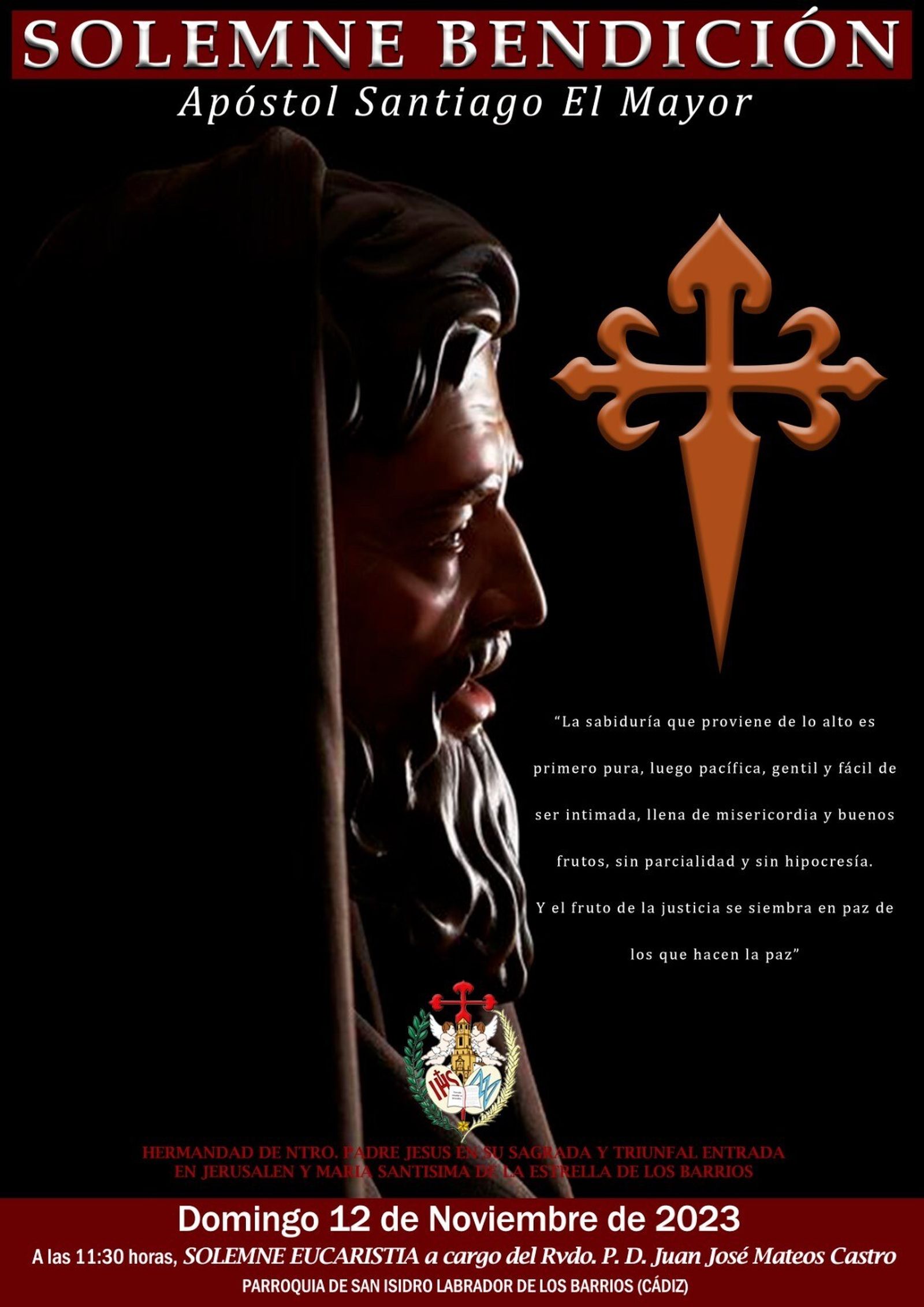 Cartel de la bendición de la escultura de Santiago El Mayor.