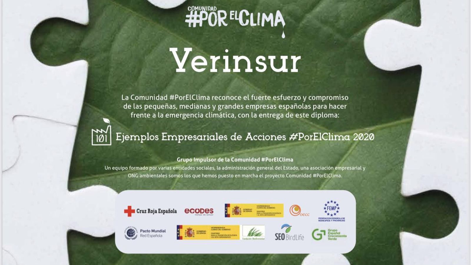 Diploma de Ejemplos Empresariales de Acciones #PorElClima de Verinsur.
