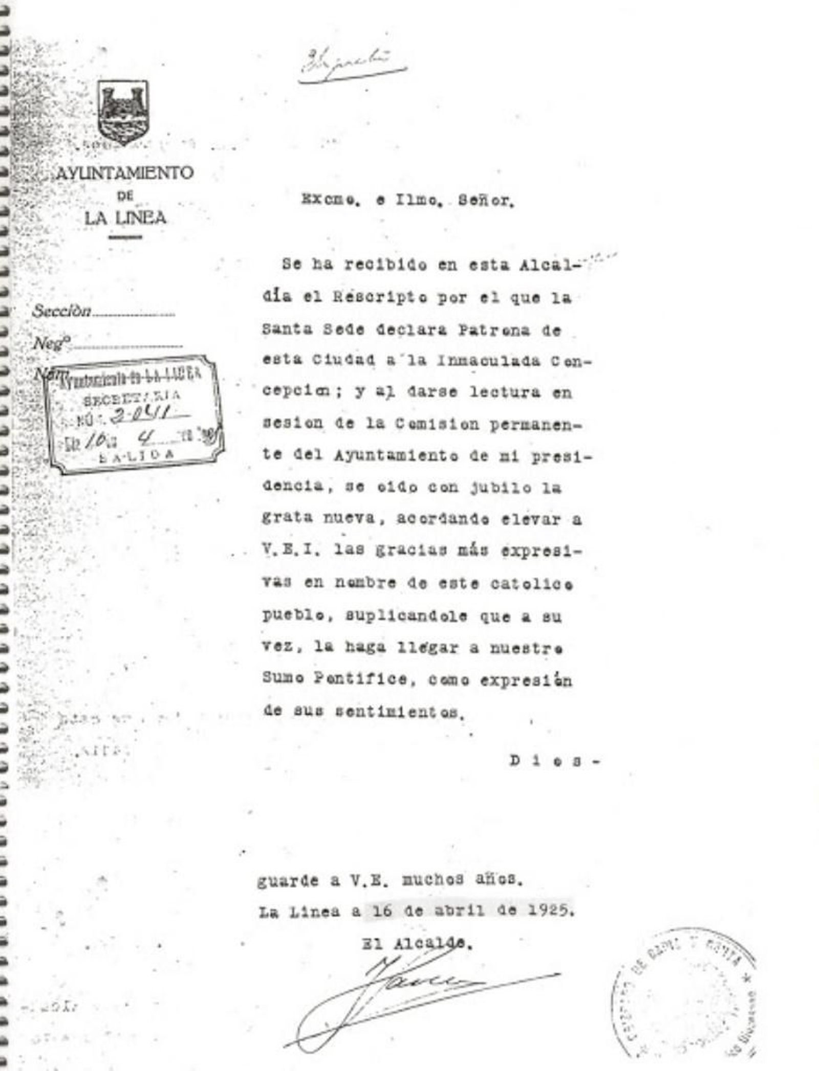 En 1925 se le concede el Patronazgo a La Línea de la Concepción