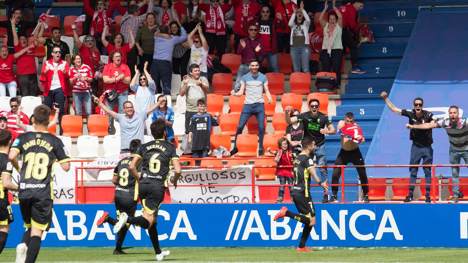 Los aficionados del Granada festejaro en la grada el
