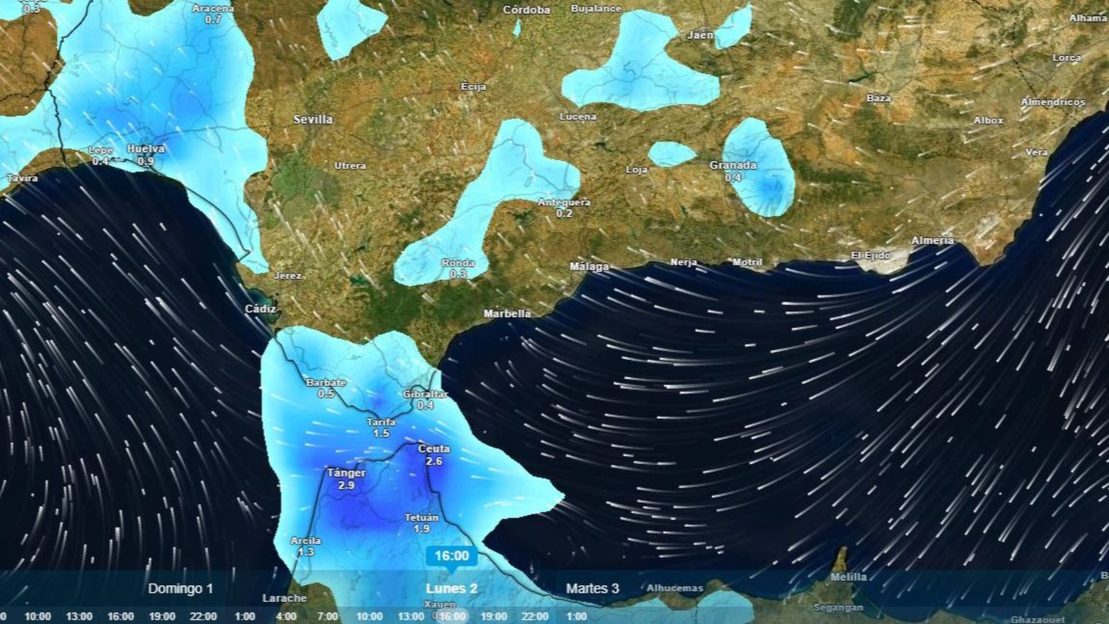 Previsión de lluvias en Andalucía para el 2 de marzo, a las 16:00.