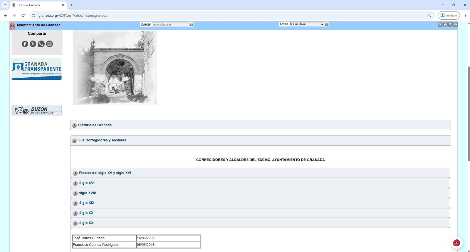 Captura de pantalla de la sección Historia de la ciudad de la web del Ayuntamiento de Granada Captura de pantalla de la sección Historia de la ciudad de la web del Ayuntamiento de Granada