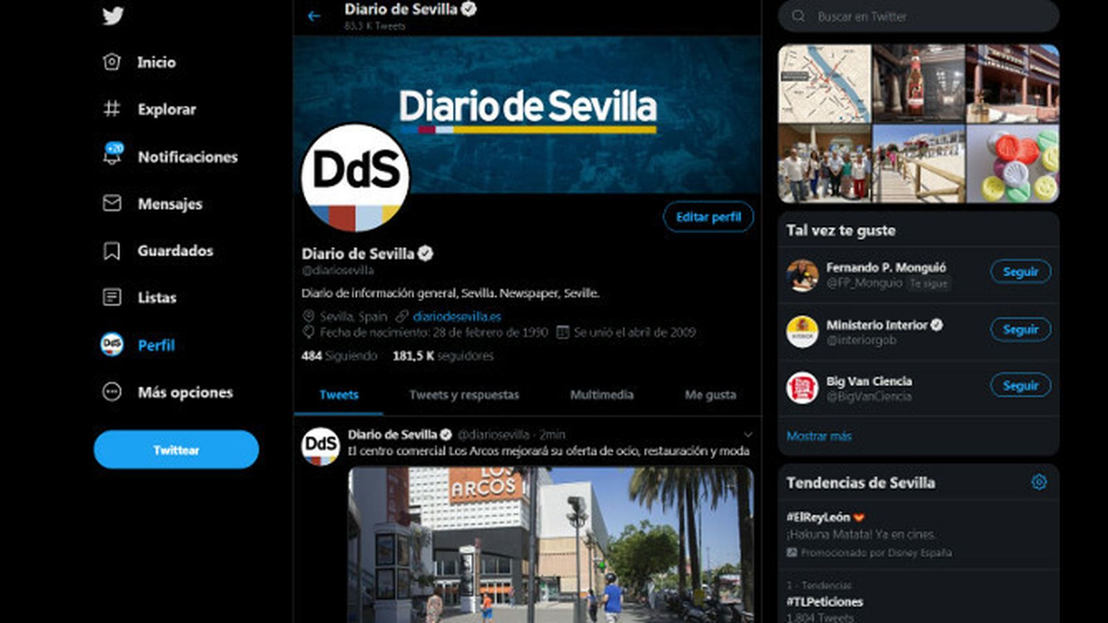 Aspecto del nuevo perfil en modo 'noche oscura'