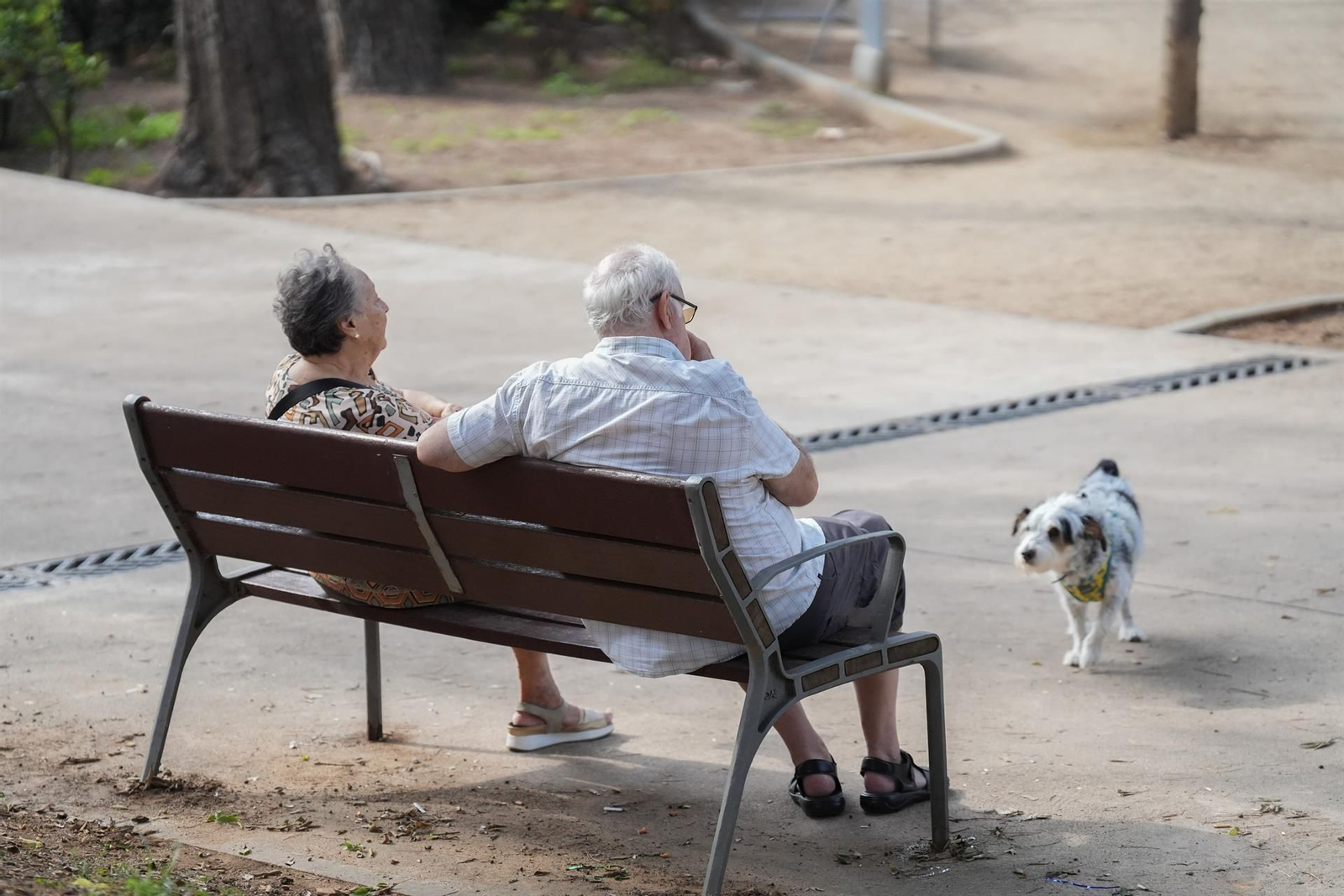 Dos personas mayores sentadas en un banco.