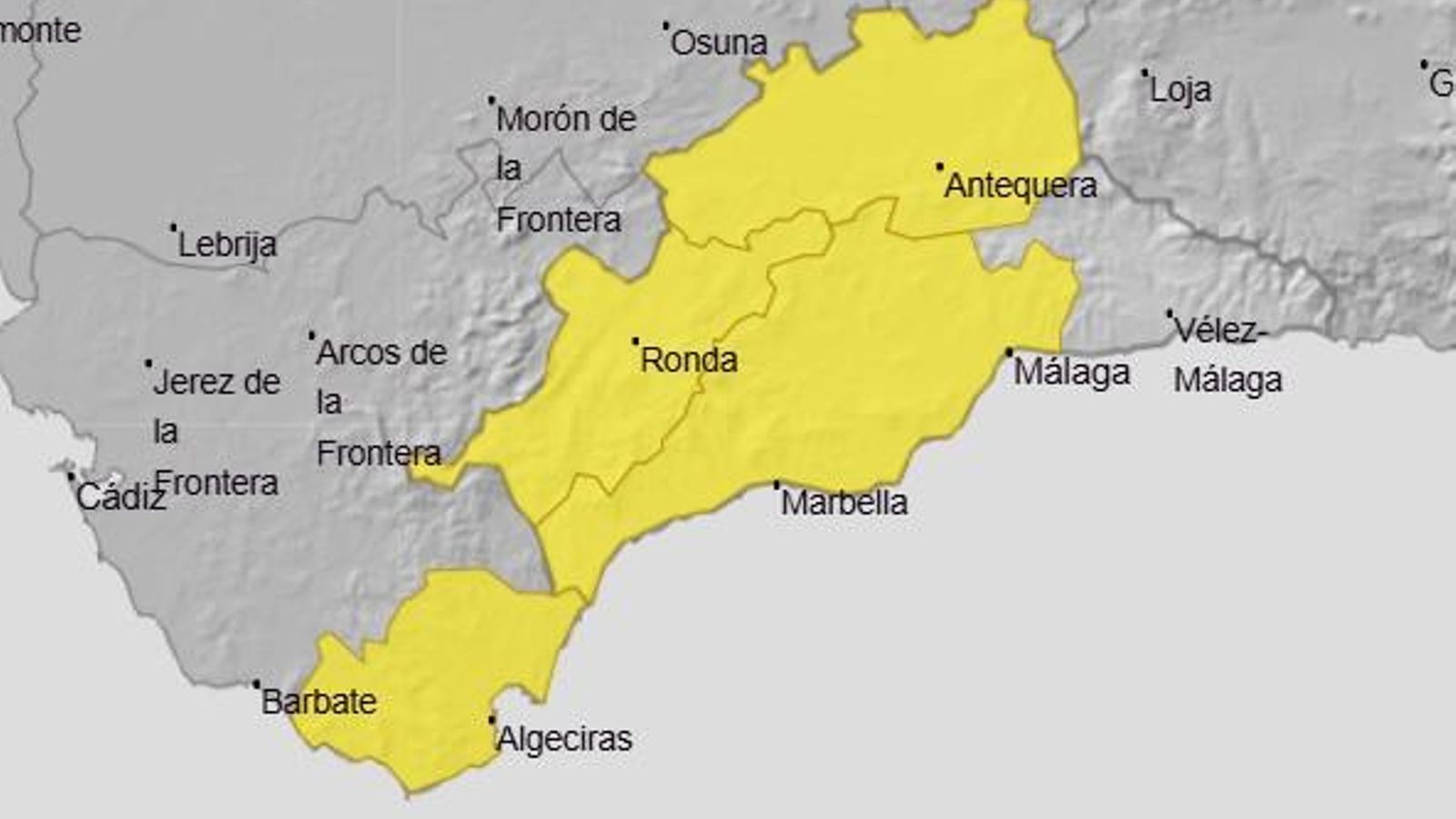 Mapa de la Aemet con los avisos amarillos por lluvia en Málaga este miércoles 5 de marzo