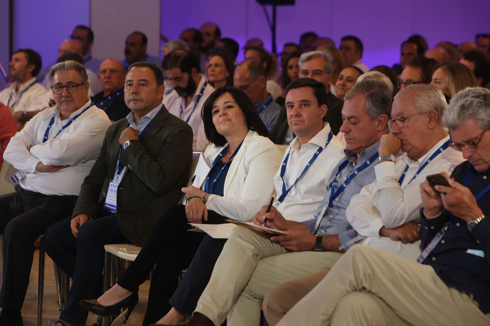Primera fila de asistentes en el Congreso del PP: Zoido, Ricardo Sánchez, Virginia Pérez, Juan de la Rosa, José Luis Sanz, Javier Arenas y Ricardo Tarno.