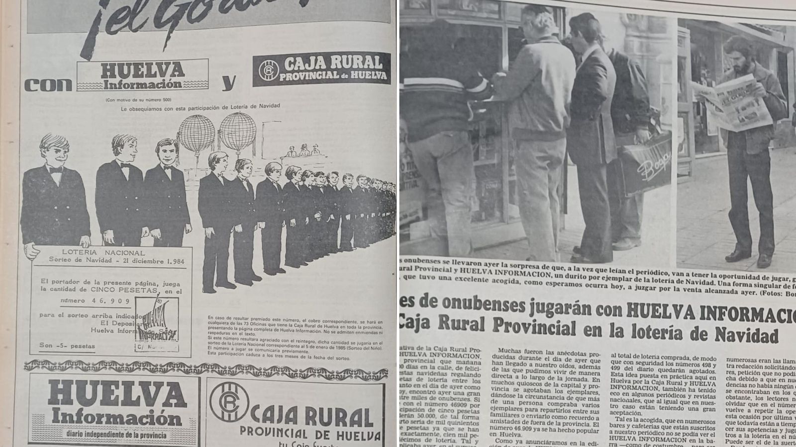 El primer ejemplar de Huelva Información con el que se repartió una participación de Lotería en 1984