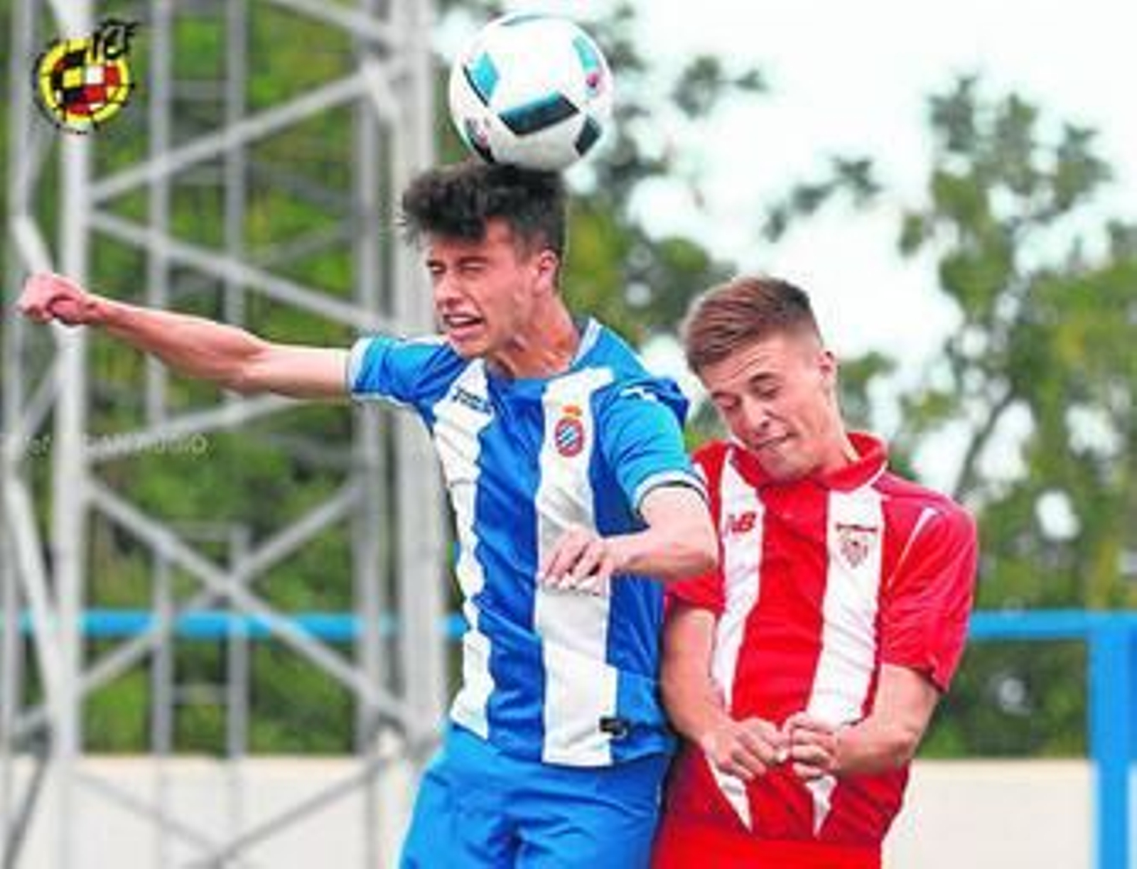 Disputa de un balón aéreo entre un periquito y un nervionense.