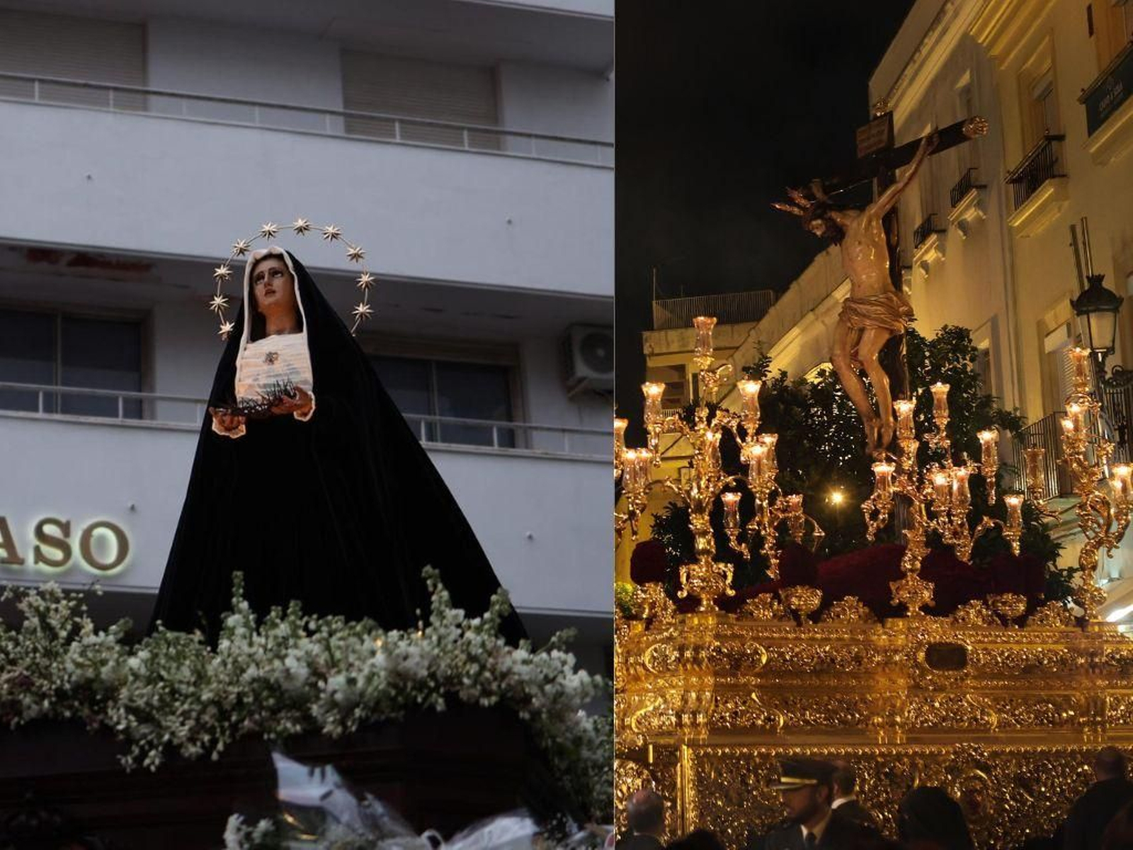 A la izquierda, la imagen de la dolorosa de Amor y Sacrificio; a la derecha el Santo Crucifijo de la Salud.