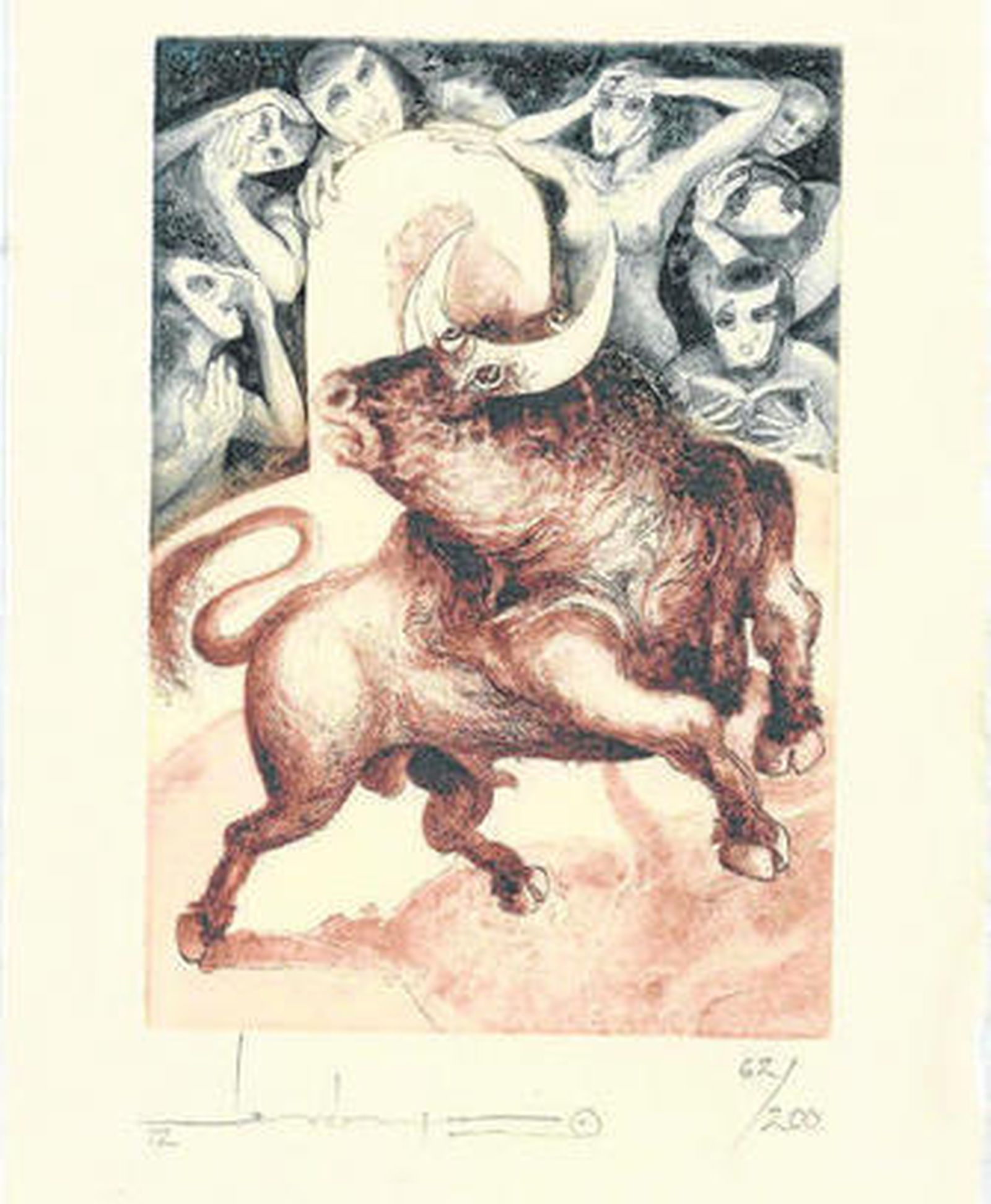 El grabado de Jerónimo Uribe Clarin que ilustra la obra 'Los toros en el teatro' de Valentín Azkune, de la UBT.