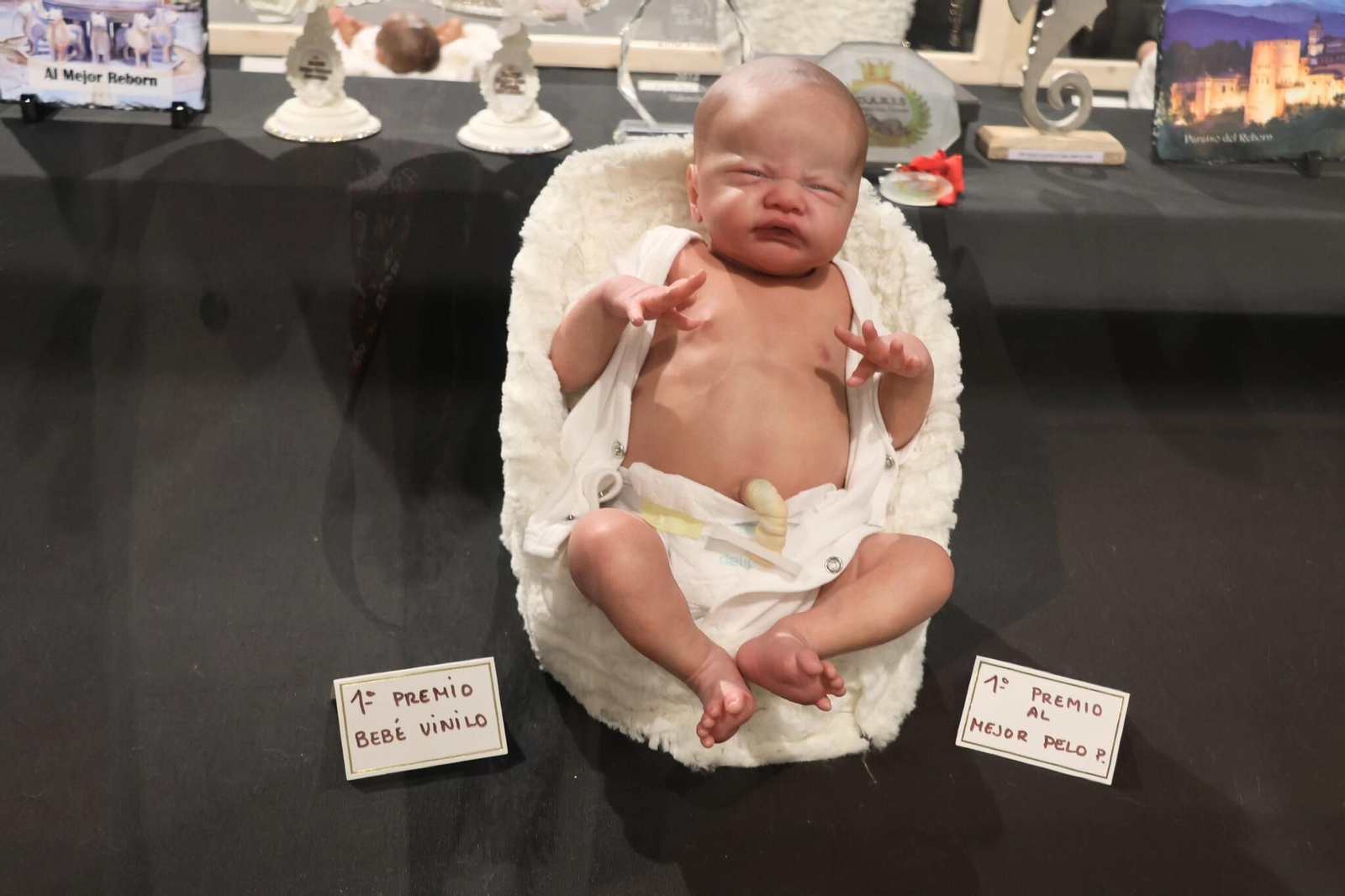 Muñeco reborn premiado, una de las piezas más realistas de la muestra, reconocida por el detallado trabajo en vinilo y el acabado hiperrealista de la piel.