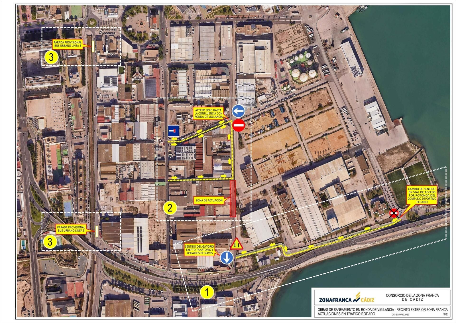 Mapa con los cambios en el tráfico por las obras en la calle Ronda de Vigilancia de Cádiz.