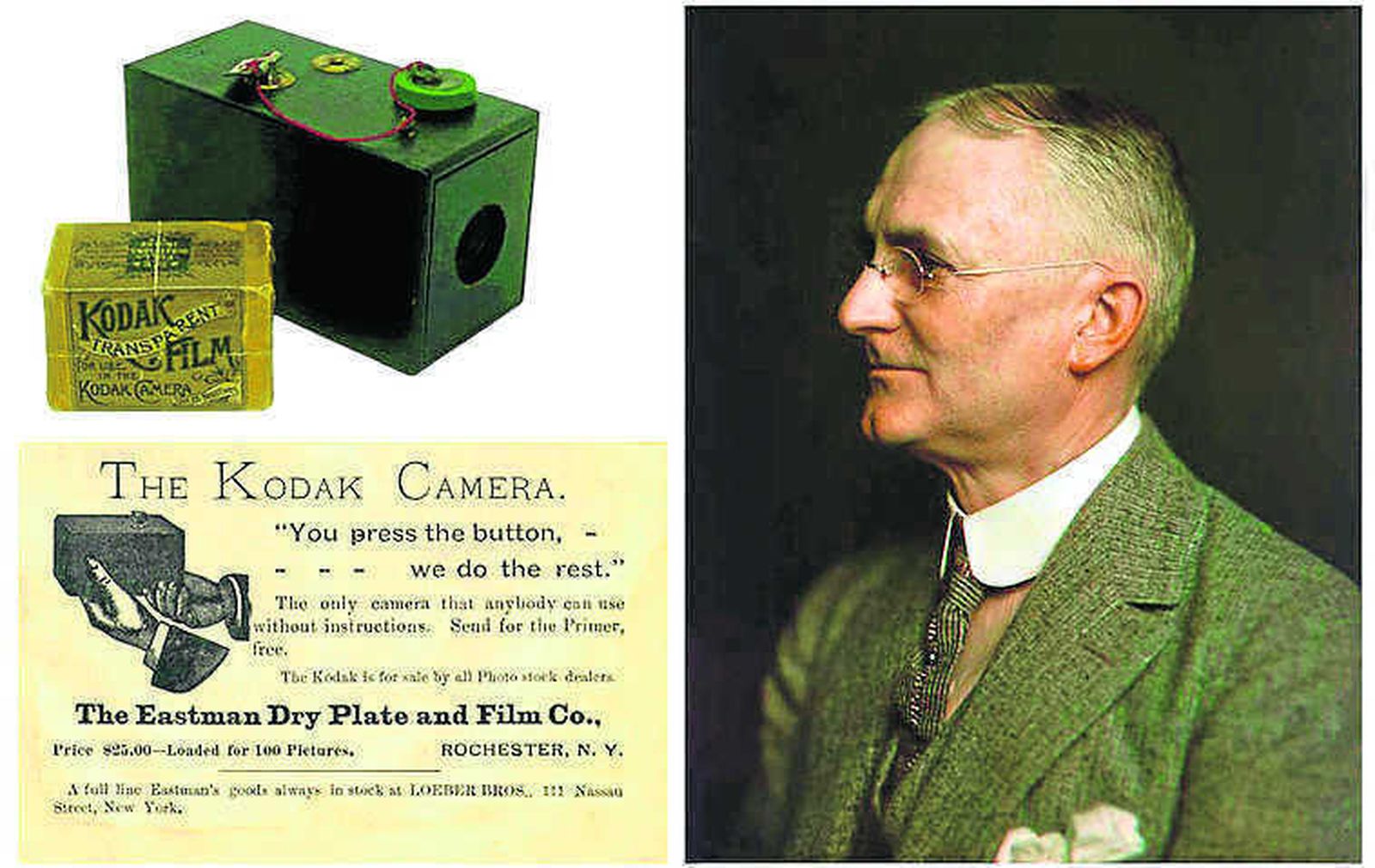 George  Eastman , fundador de Kodak,  junto a la primera cámara comercial.