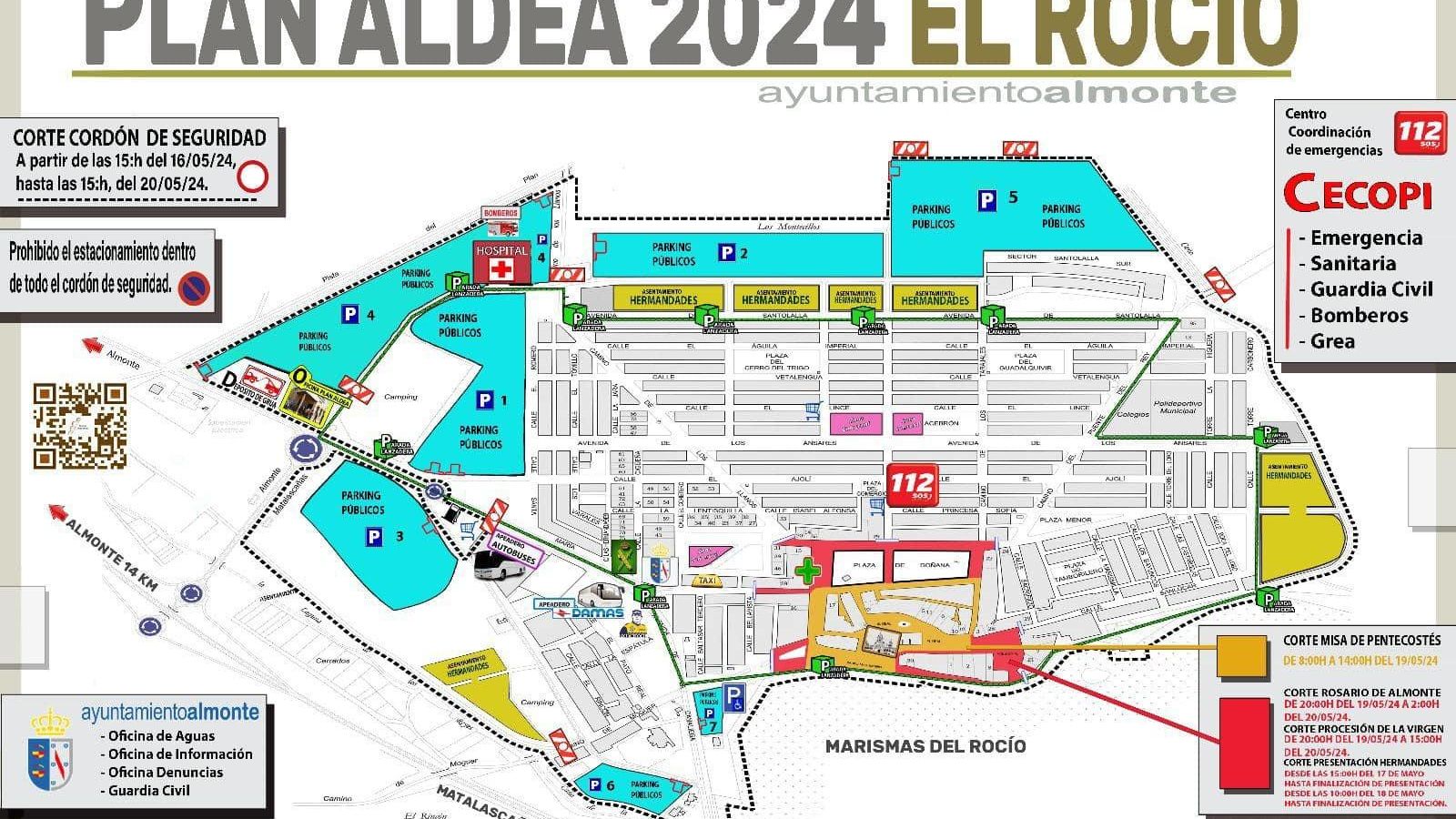 Plano de la aldea del Rocío con las zonas de aparcamientos.