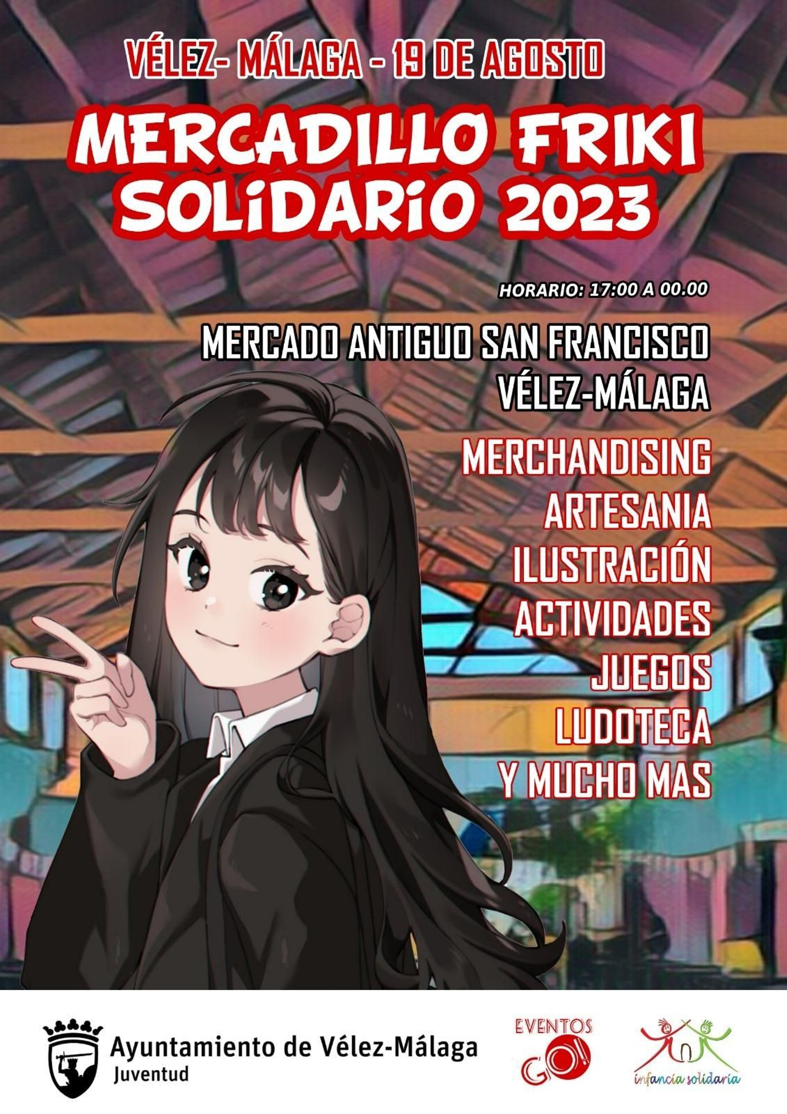 Cartel promocional del Mercadillo Friki Solidario en Vélez-Málaga