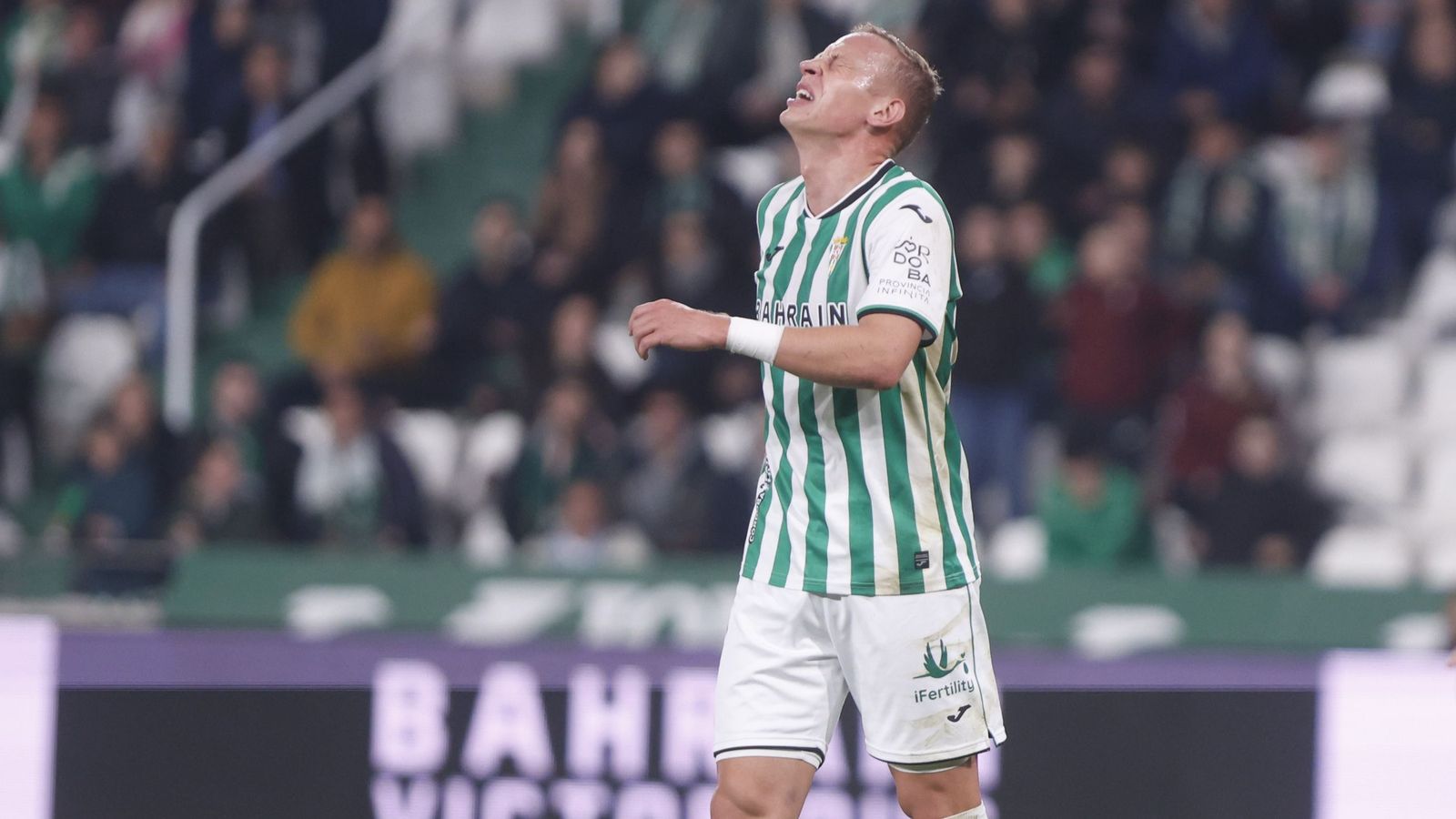 Obolskii, contrariado tras una ocasión fallada en un partido del Córdoba CF.
