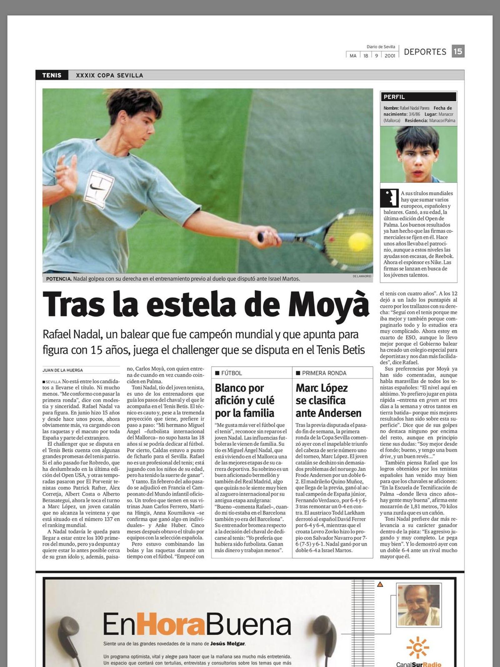 La página del debut de Nadal en el Tenis Betis.