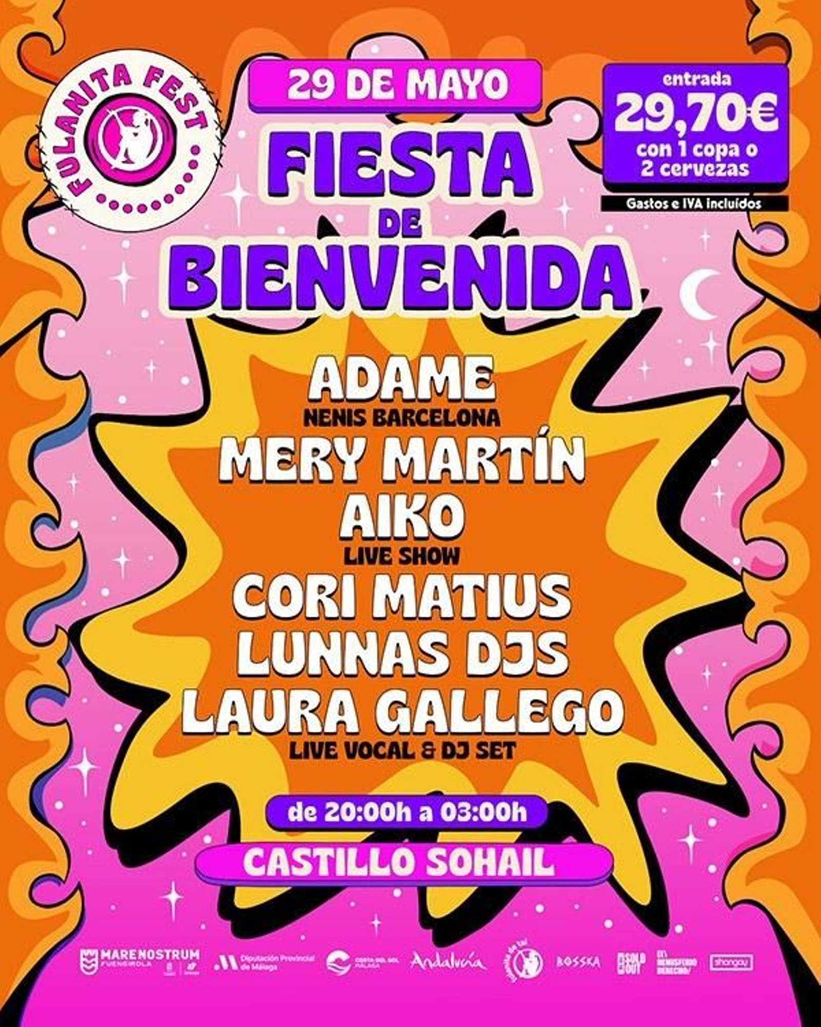 Cartel de la Fiesta de Bienvenida del Fulanita Fest 2026 con la actuación de Laura Gallego