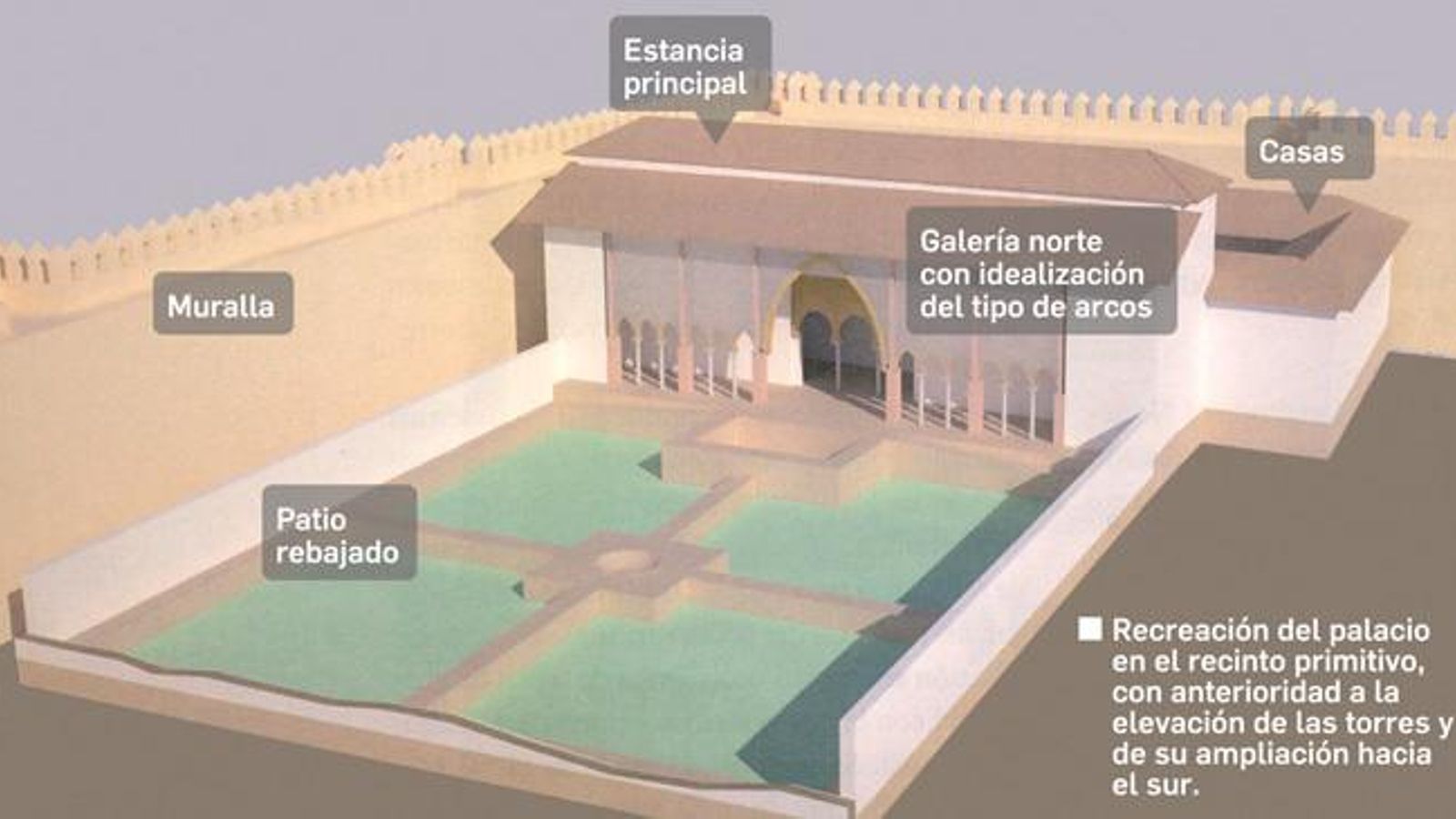 Recreación del Palacio de Al Mutamid realizada por los arqueólogos. Fuente: Revista Apuntes del Alcázar. Recreación del Palacio de Al Mutamid realizada por los arqueólogos. Fuente: Revista Apuntes del Alcázar.