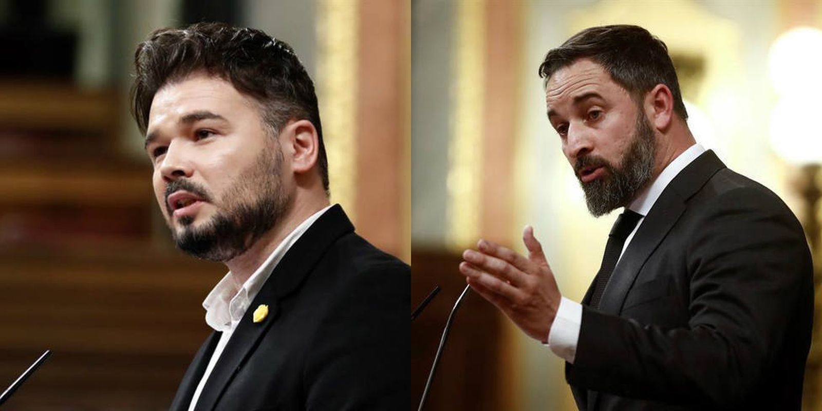 Gabriel Rufián, de Esquerra Republicana, y Santiago Abascal, líder de Vox, en la moción de marzo contra Pedro Sánchez.