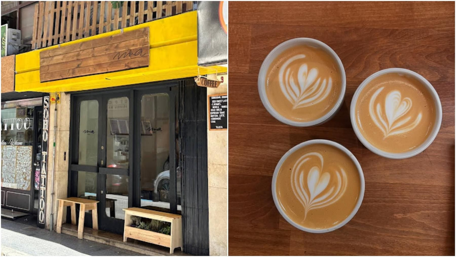 La entrada de Mia Coffe y tres de sus cafés de especialidad.