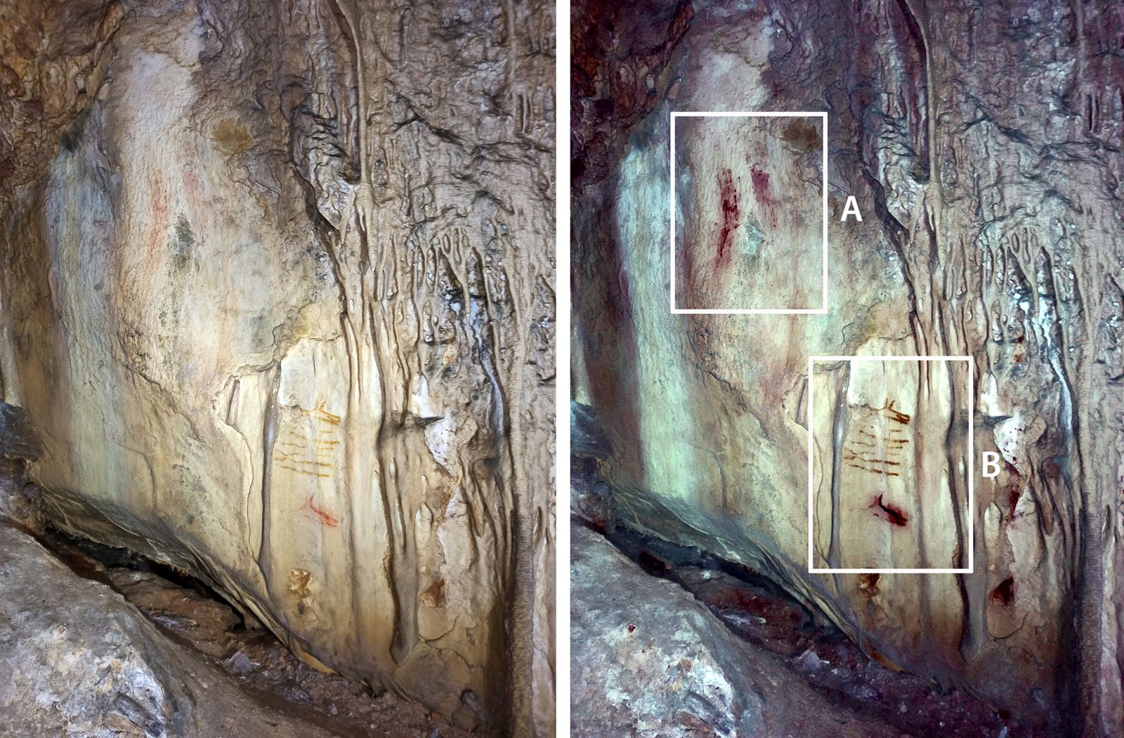 Imagen con las dos fases artísticas descubiertas en la cueva malagueña.