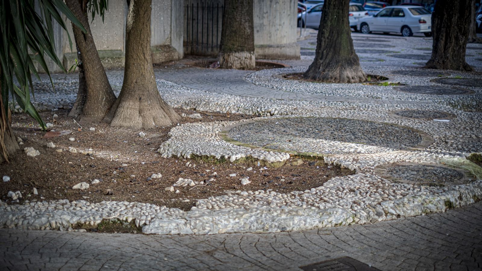 Estado del suelo de la plazoleta de la parroquia de San Servando y San Germán, en el barrio de La Laguna de Cádiz.